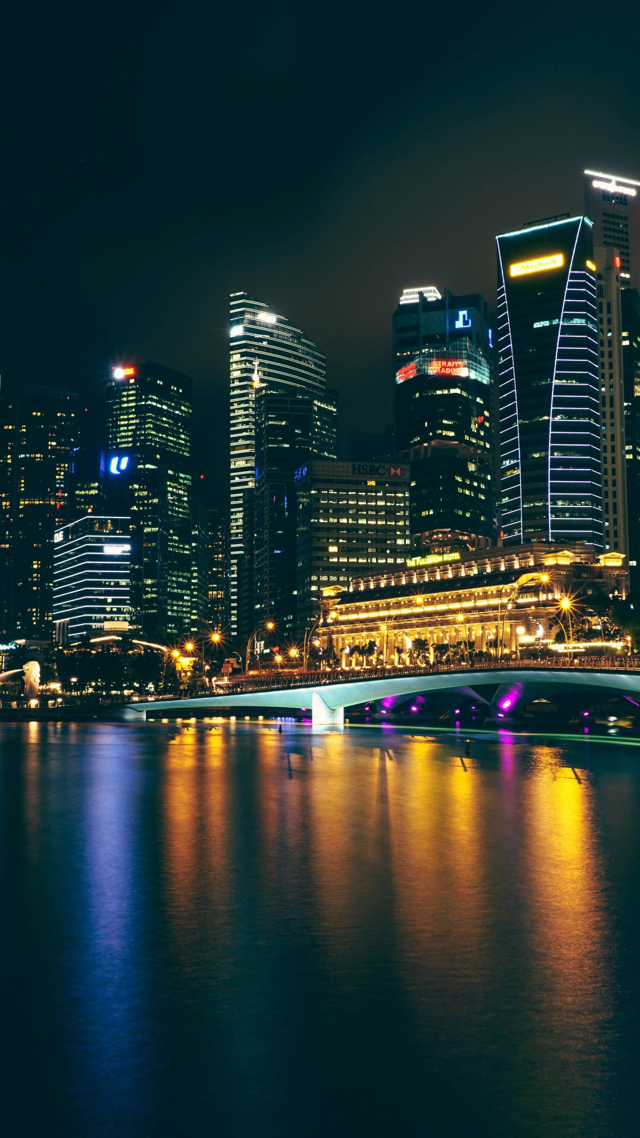 The Fullerton Hotel Singapore, Esplanade Bridge Singapore, Singapore financial district skyline, 4K Phone wallpaper