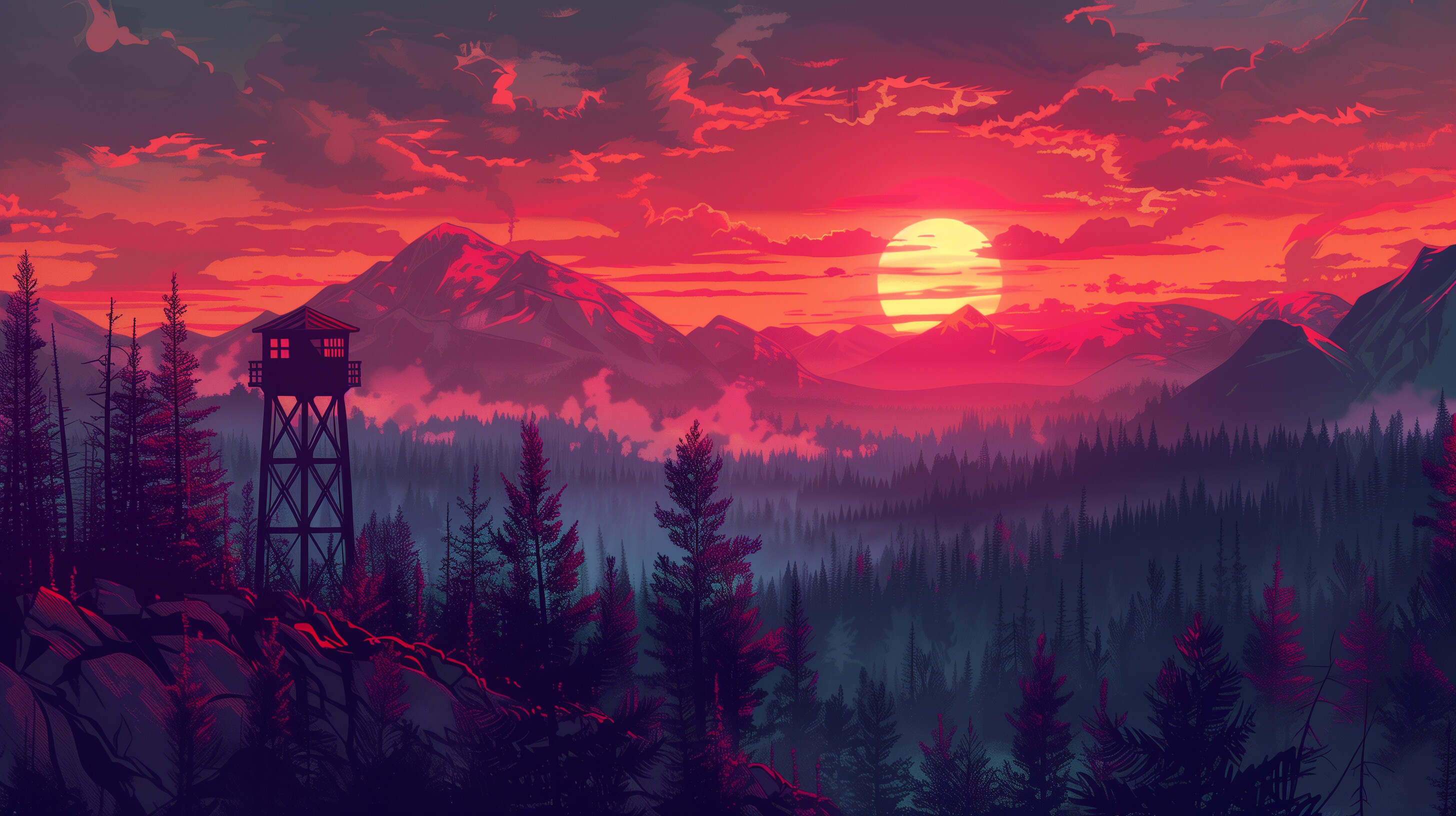 Fire Lookout Tower, Firewatch Style, Red Sunset, Desktop Wallpaper HD