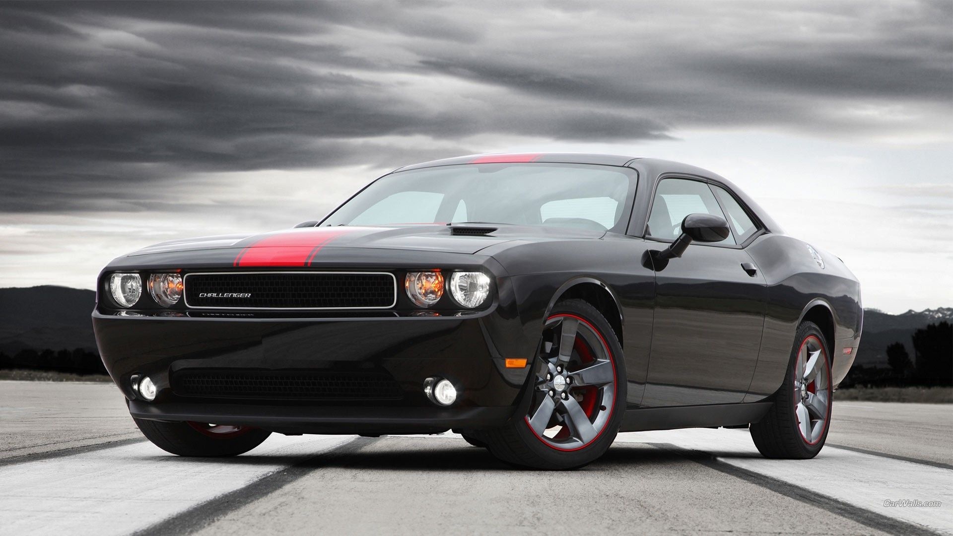 Dodge Challenger Rallye Redline, asphalt runway, stormy overcast sky, Full HD Desktop wallpaper