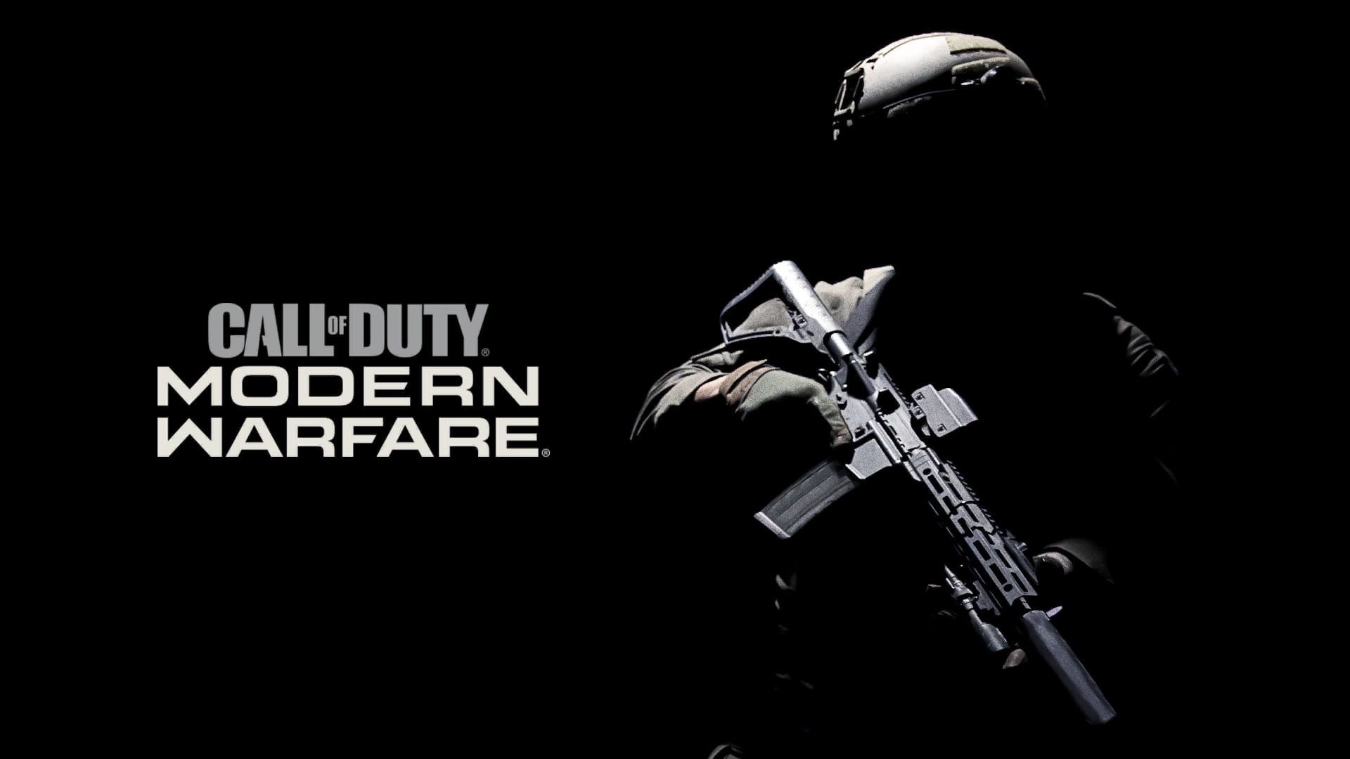 Call of Duty: Modern Warfare logo, Shadowed tactical operator, Suppressed assault rifle, Full HD Desktop wallpaper