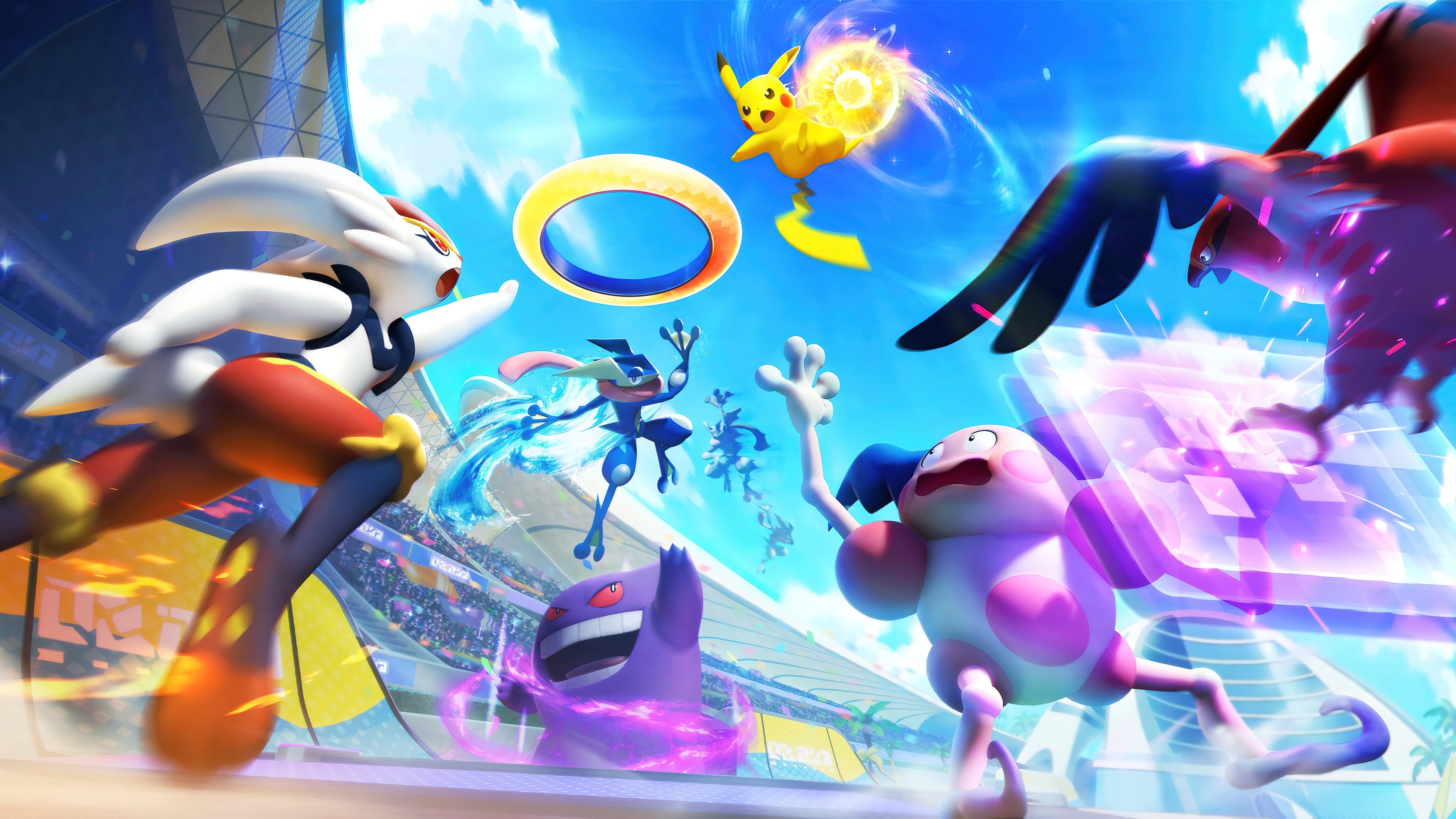 Pikachu, Cinderace, Greninja, Mr. Mime, Pokemon Unite, 4K Desktop wallpaper