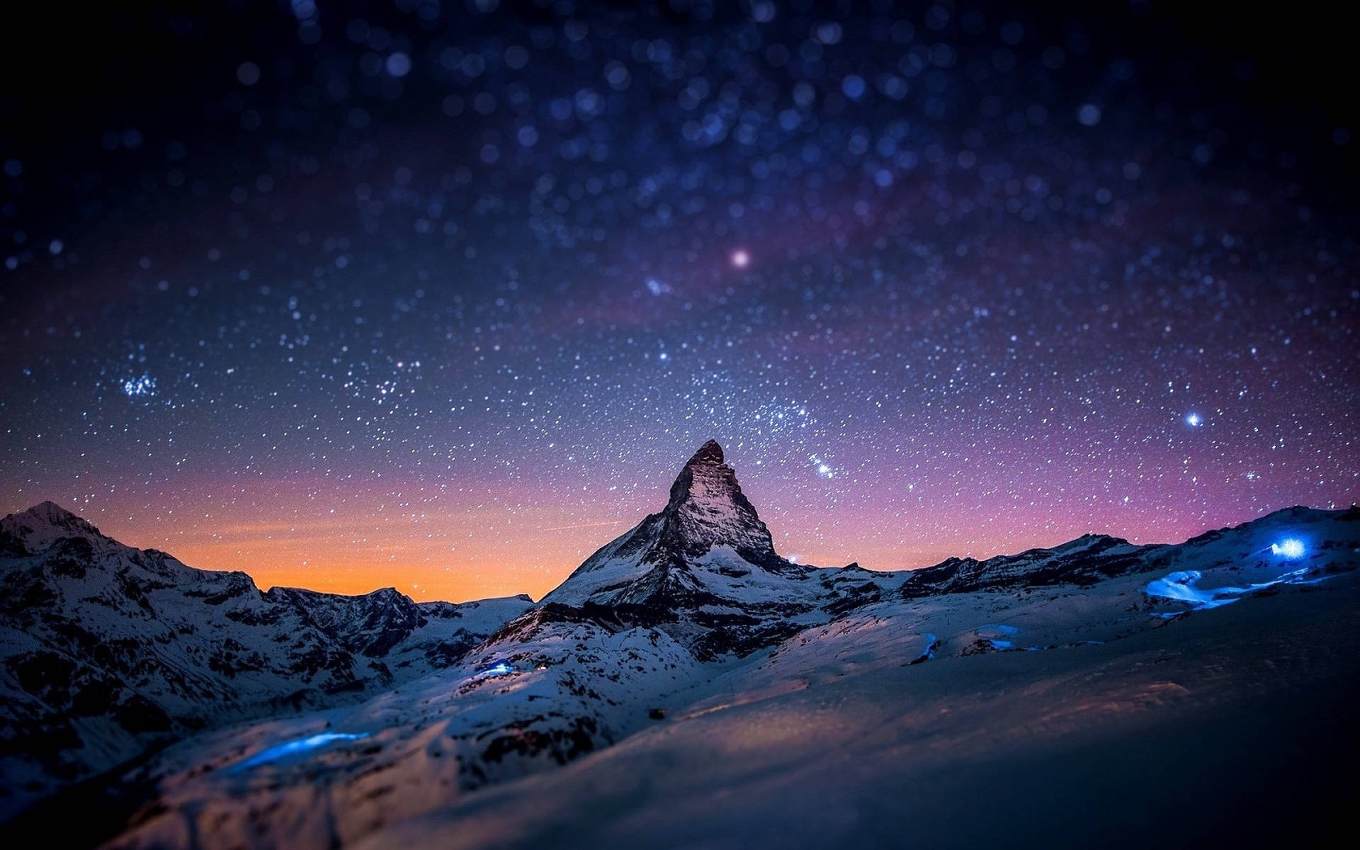 Matterhorn mountain, Starry night sky, Snow-covered Swiss Alps, HD Desktop wallpaper