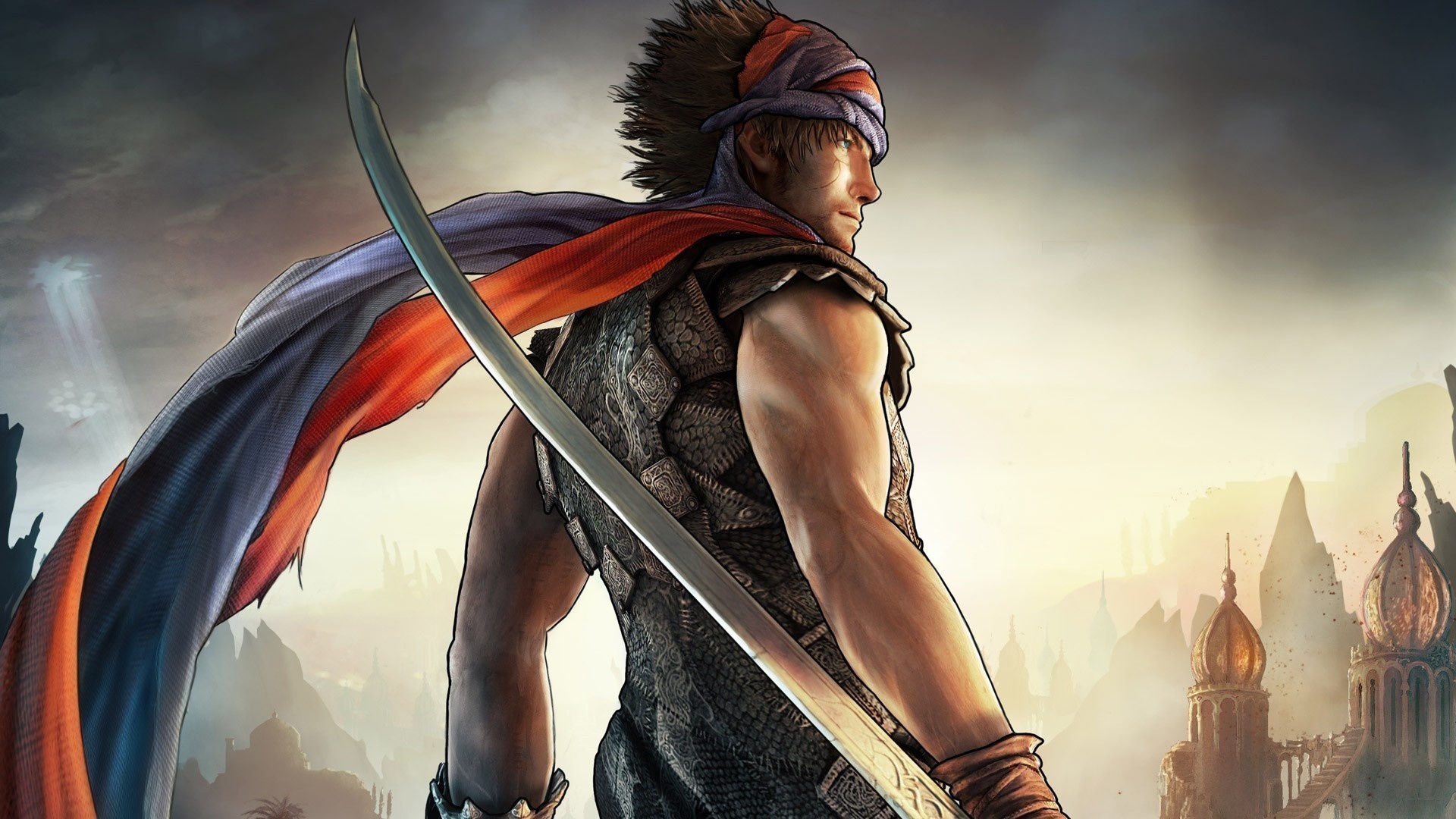 Prince of Persia (2008) protagonist, Drawn steel scimitar, Persian fantasy palace, Full HD Desktop wallpaper