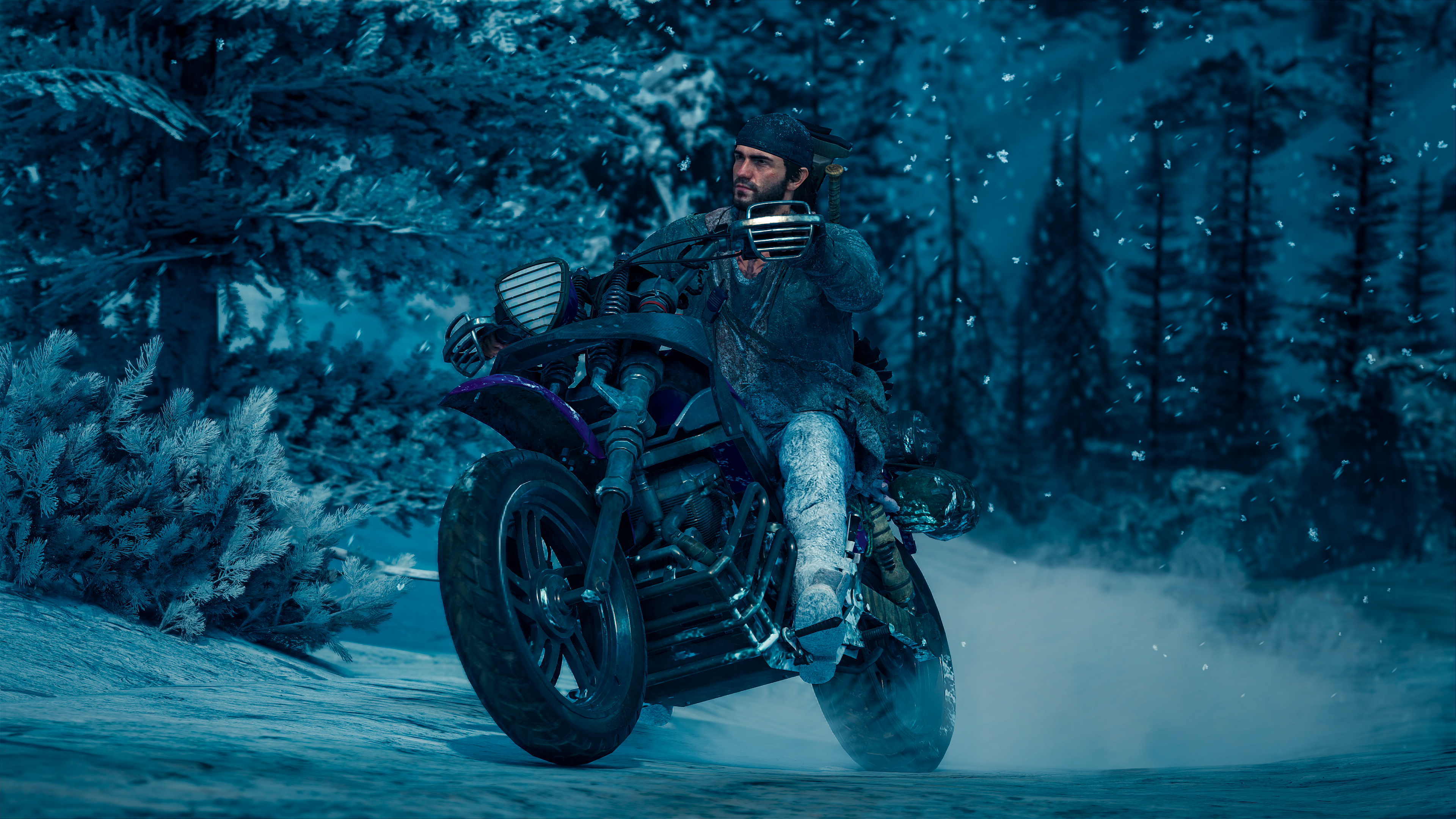Deacon St. John, drifter motorcycle, snowy pine forest, 4K Desktop wallpaper