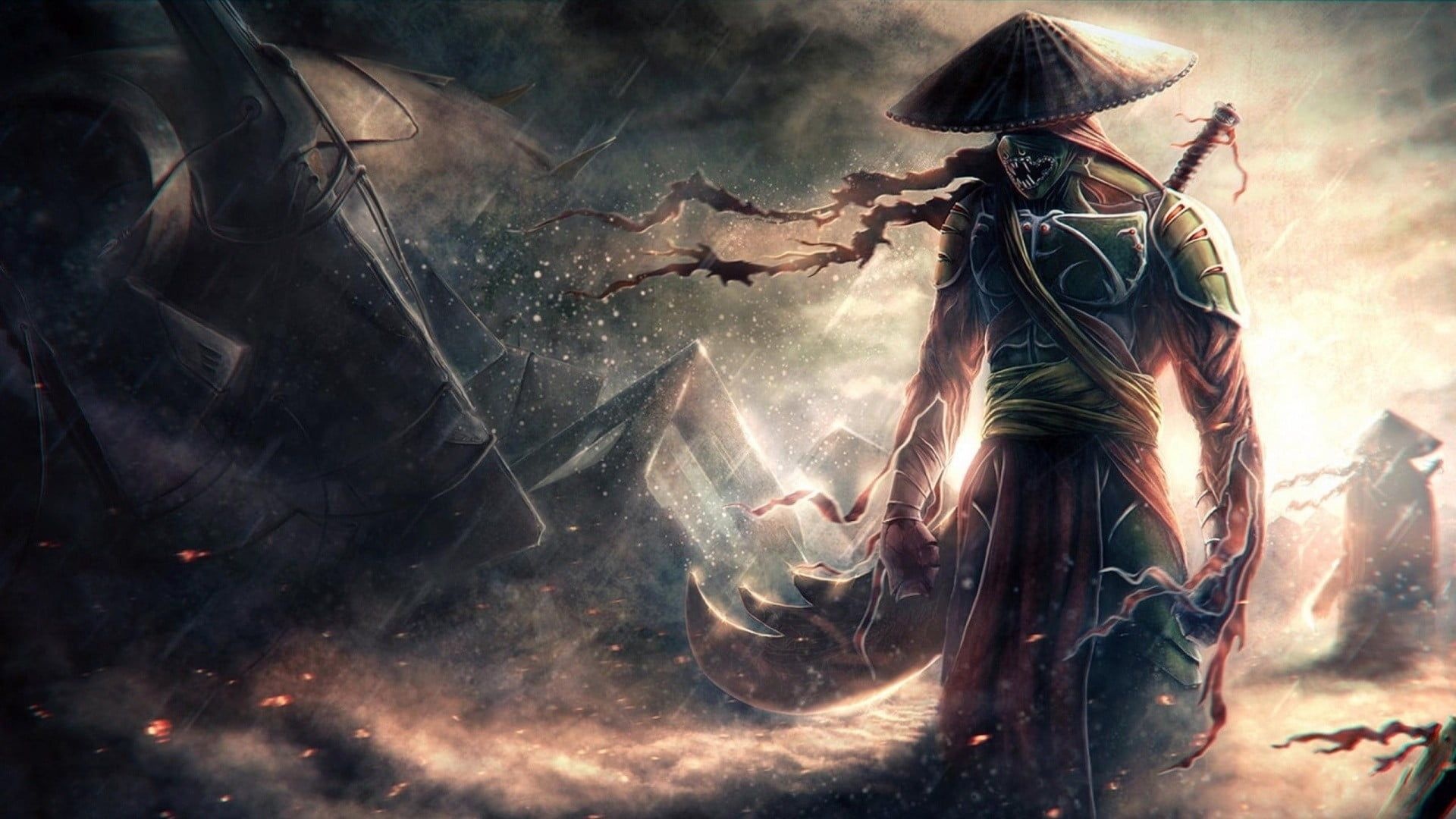 conical hat demon samurai, serrated curved cleaver blade, smoldering mech wreckage, Full HD Desktop wallpaper