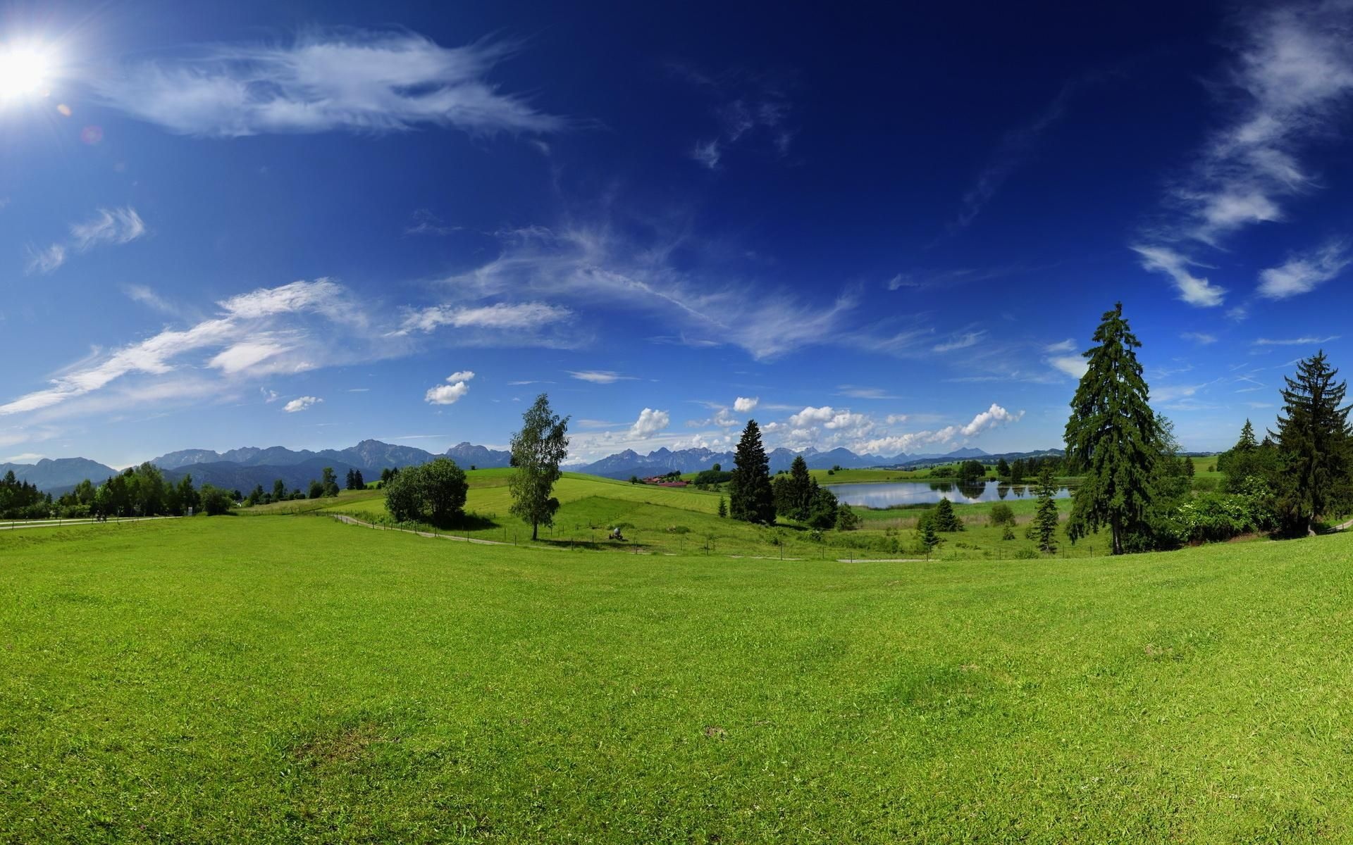 distant alpine mountains, lush green meadow, small reflective lake, HD Desktop wallpaper