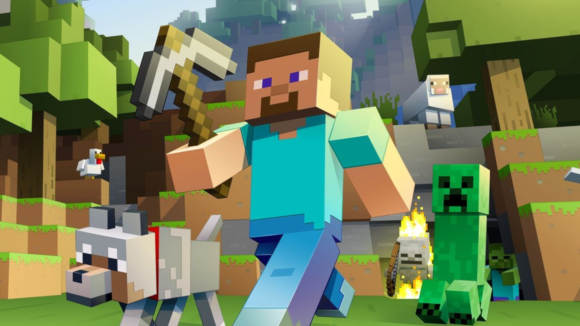 Steve holding iron pickaxe, Minecraft Creeper, Tamed Minecraft wolf, Minecraft forest biome, Full HD Desktop wallpaper