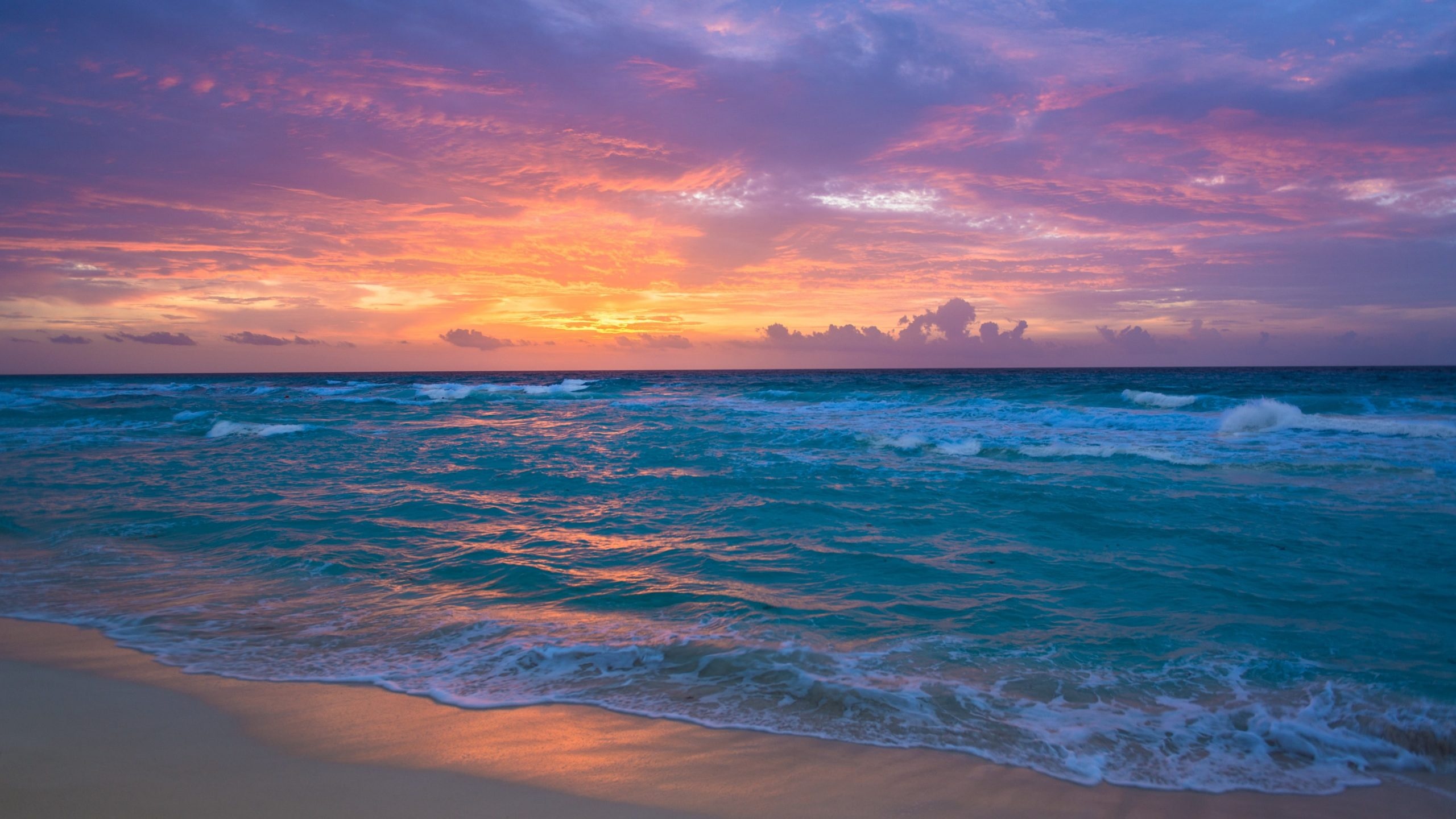 turquoise ocean surf, wet sandy beach, pink purple sunset sky, HD Desktop wallpaper