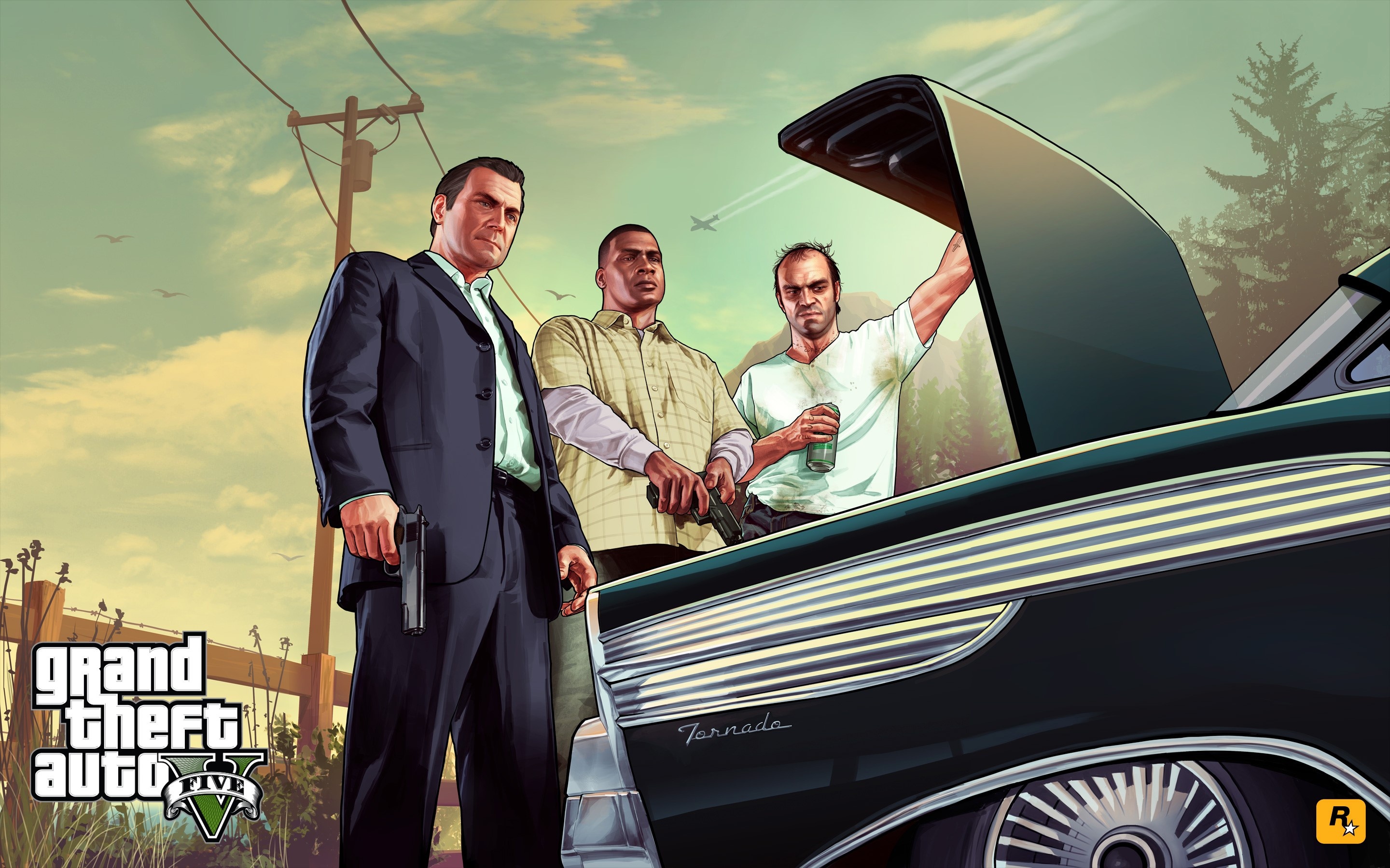 Michael De Santa in navy suit, Trevor Philips with beer can, Franklin Clinton holding pistol, Declasse Tornado open trunk, Grand Theft Auto V logo, HD Desktop wallpaper