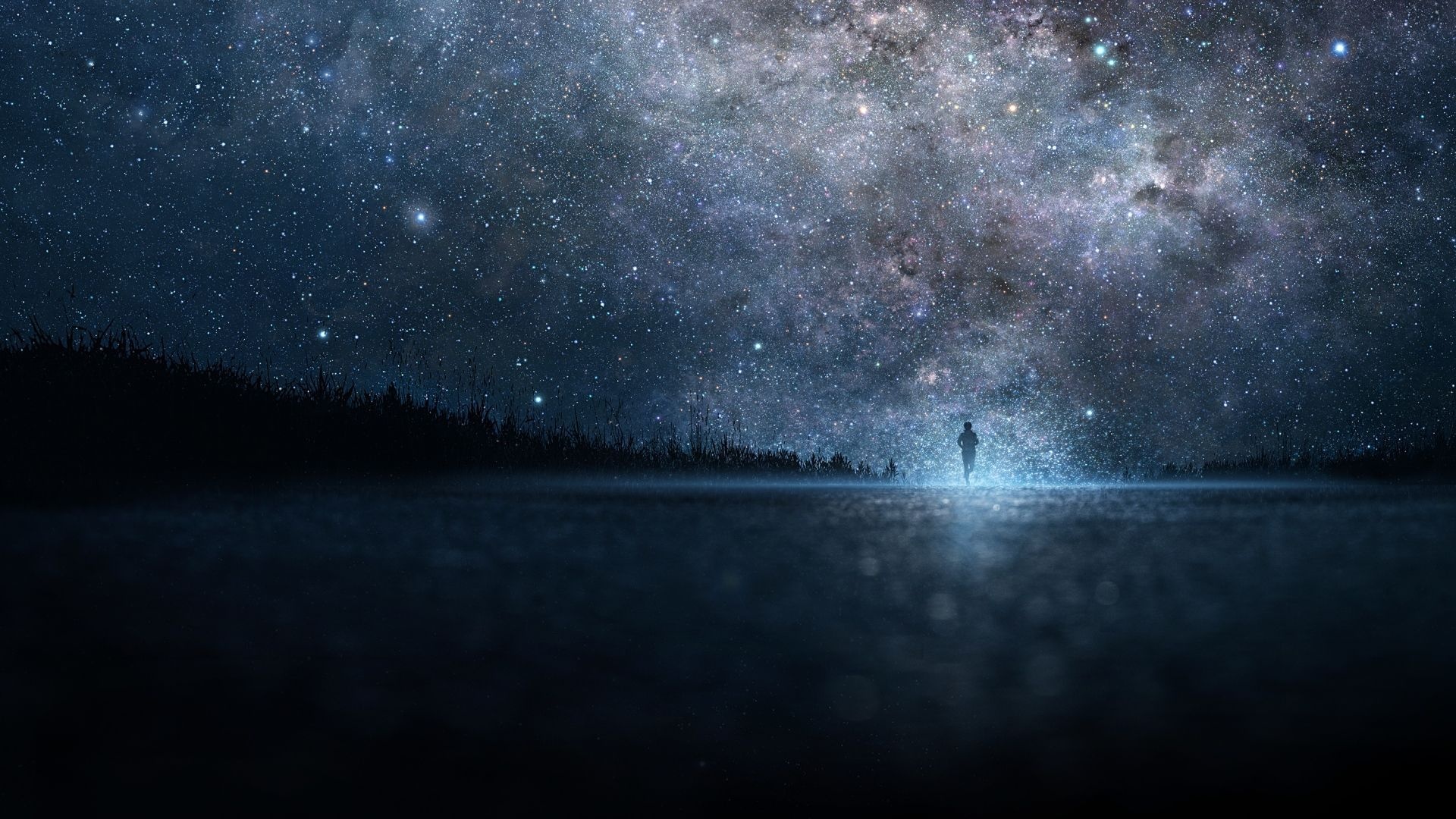 lone runner silhouette, Milky Way galaxy, dark empty road, Full HD Desktop wallpaper