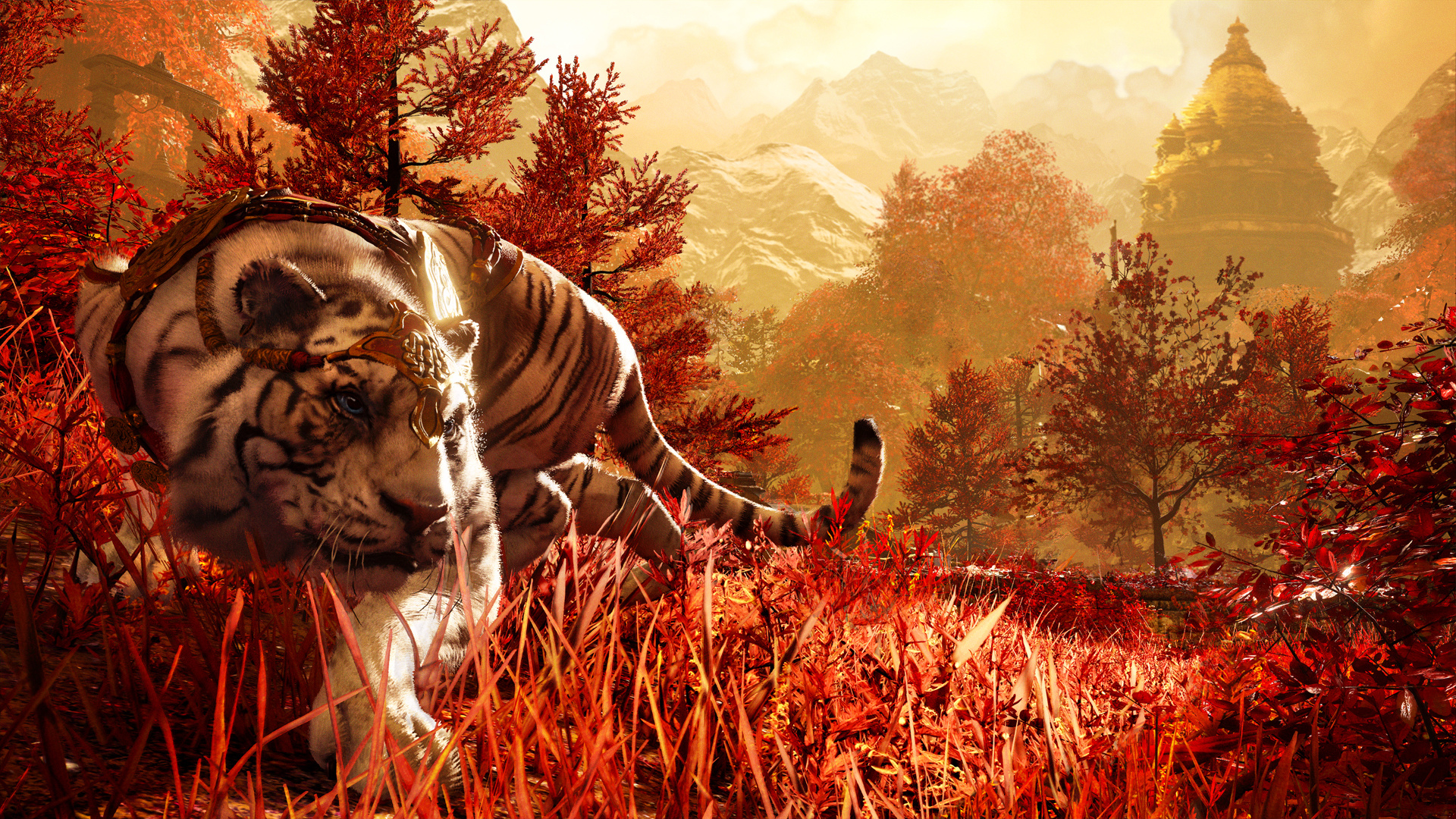 Shangri-La white tiger, Shangri-La stupa temple, Crimson foliage landscape, Full HD Desktop wallpaper
