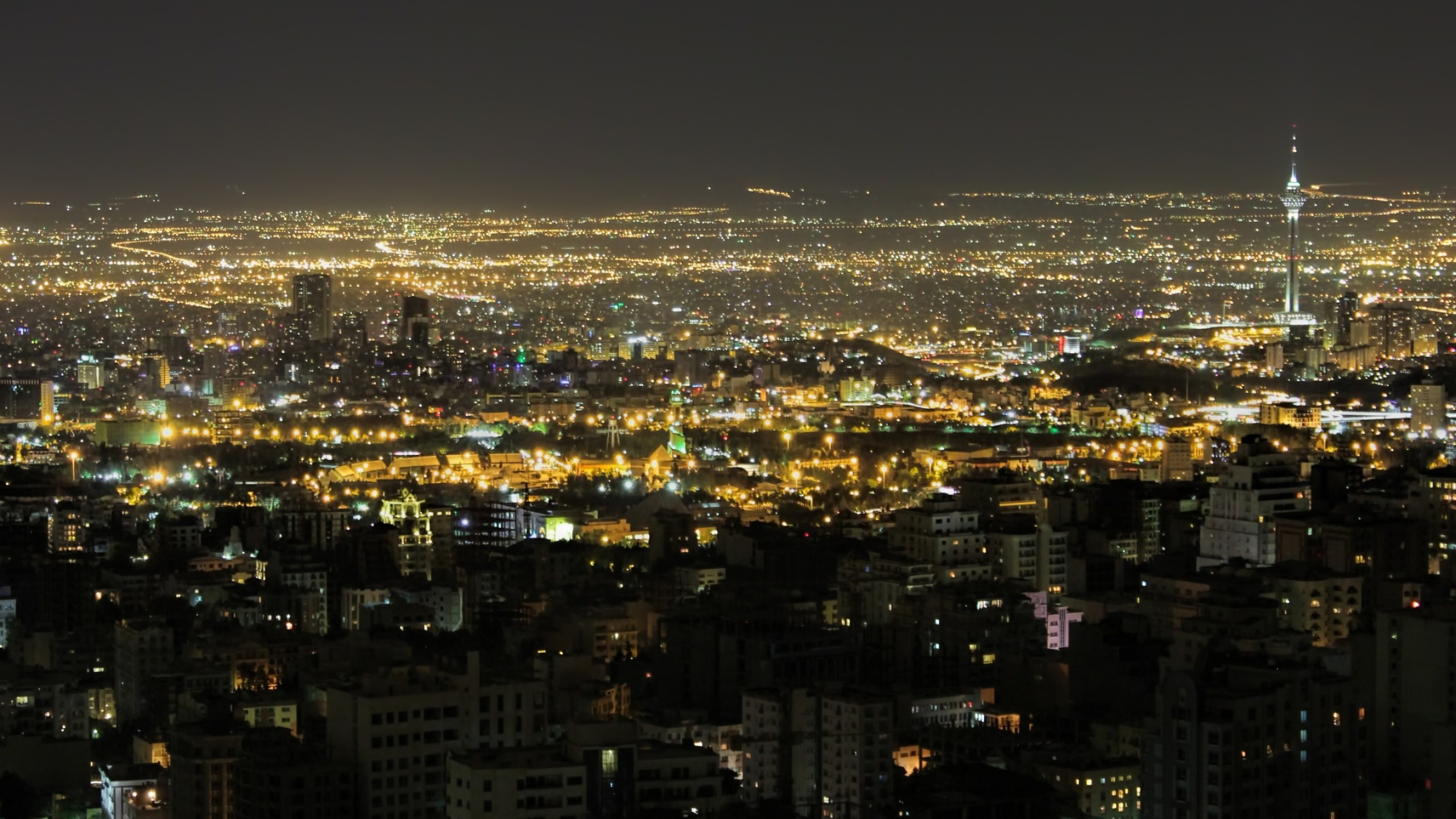 Milad Tower, Tehran city skyline, illuminated night cityscape, HD Desktop wallpaper