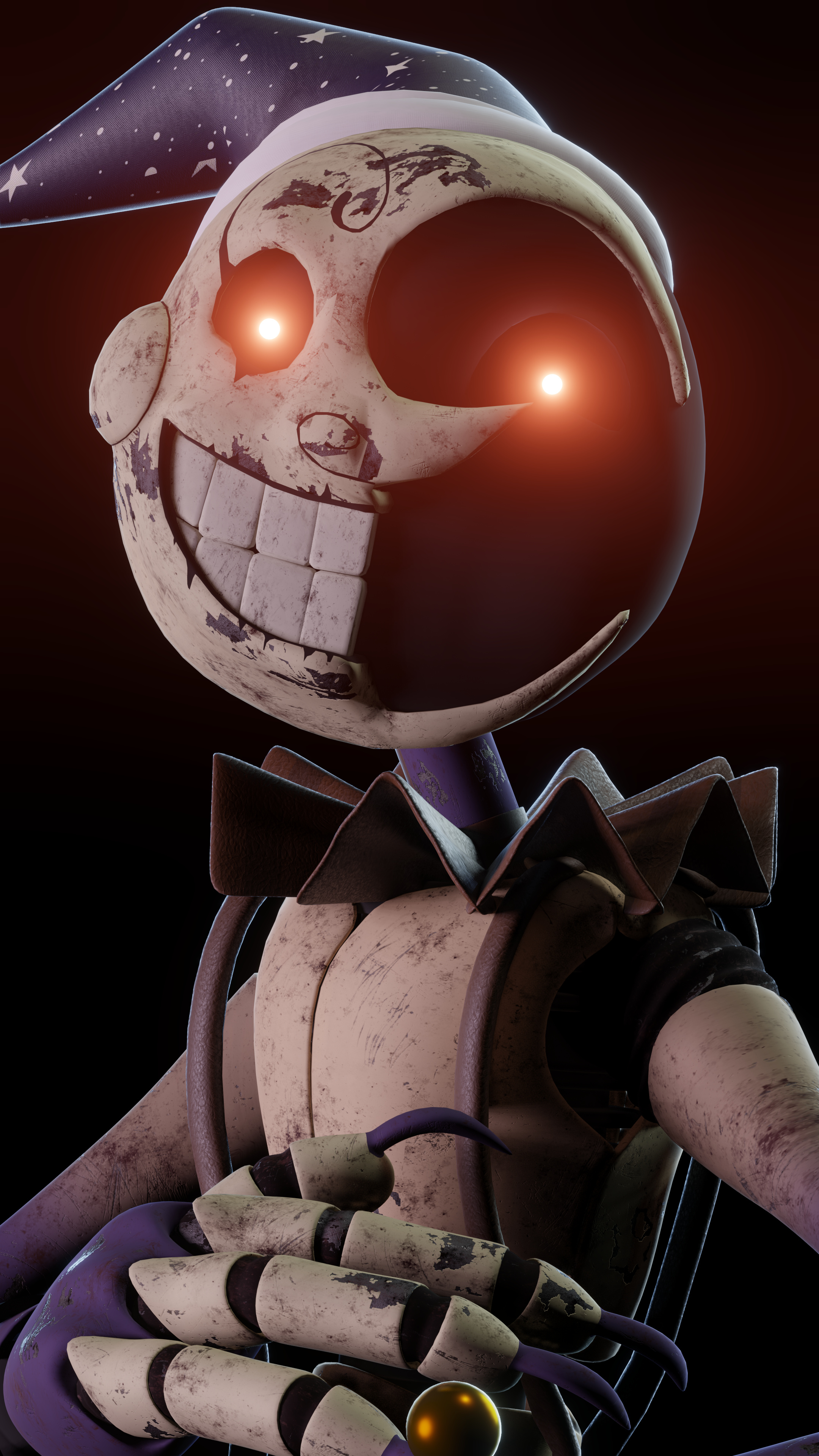 Moon animatronic, Glowing red robotic eyes, Five Nights at Freddy's: Security Breach, 4K Phone wallpaper
