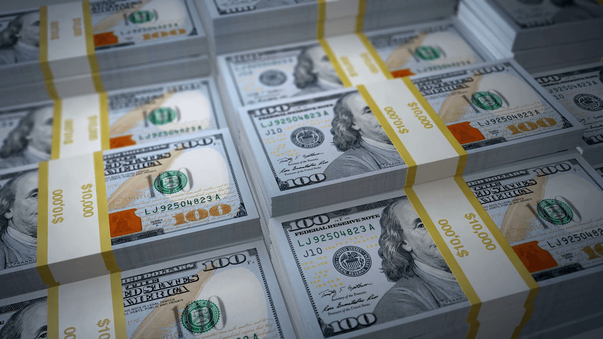 US 100 dollar banknotes, Benjamin Franklin portrait, Stacked currency straps, Full HD Desktop wallpaper
