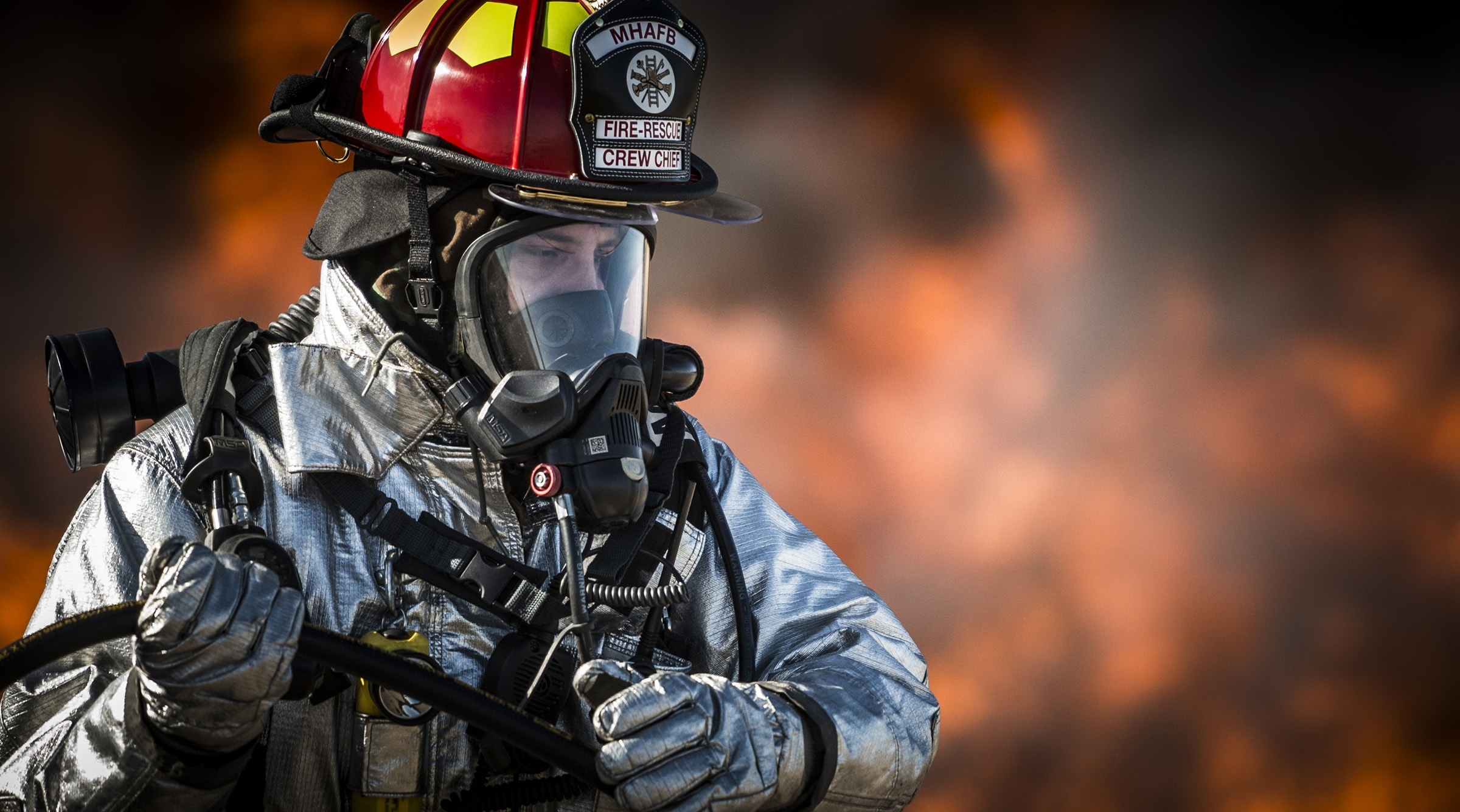 Firefighter image, Heroic profession, Fire danger, Protective gear, 2400x1340 HD Desktop