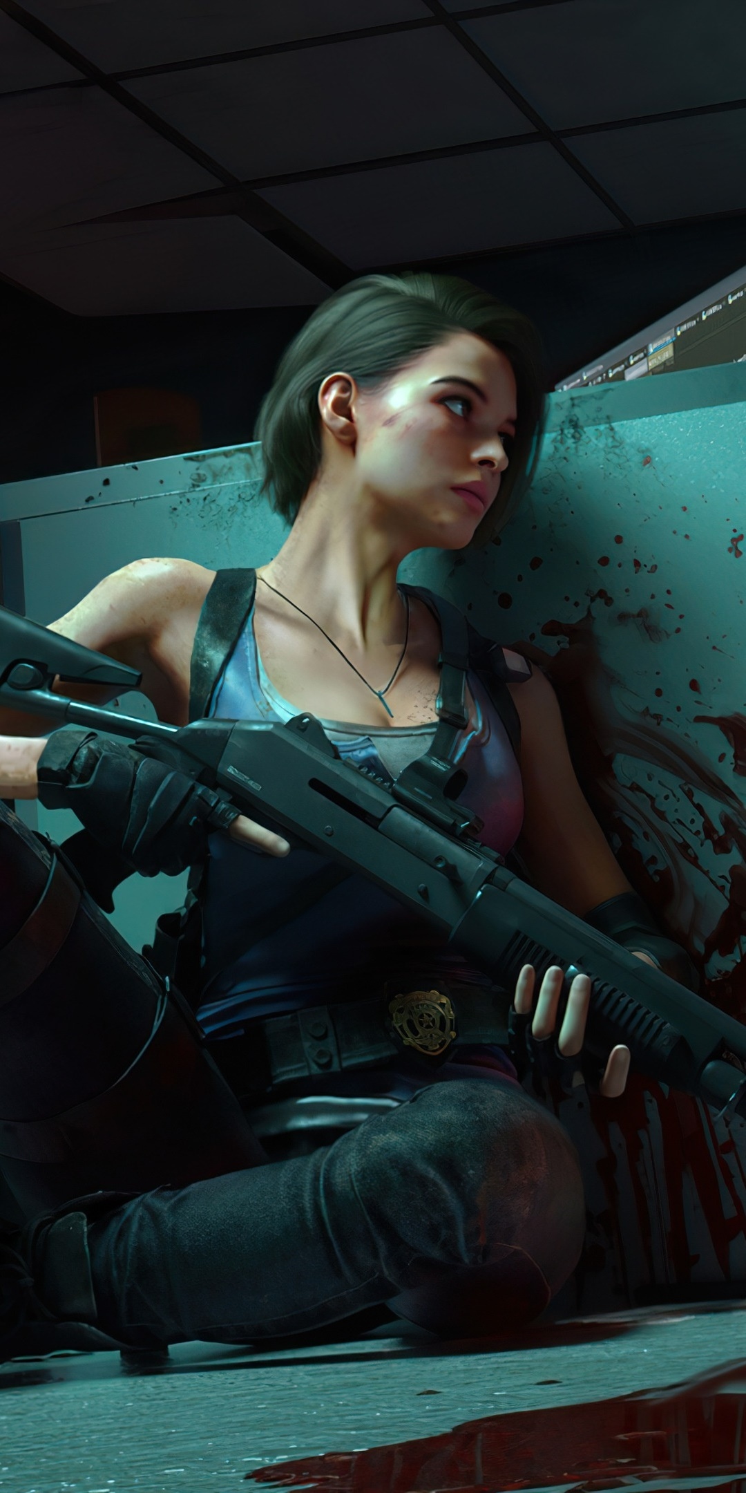 Jill Valentine, M3 shotgun, blood-splattered office, HD Phone wallpaper