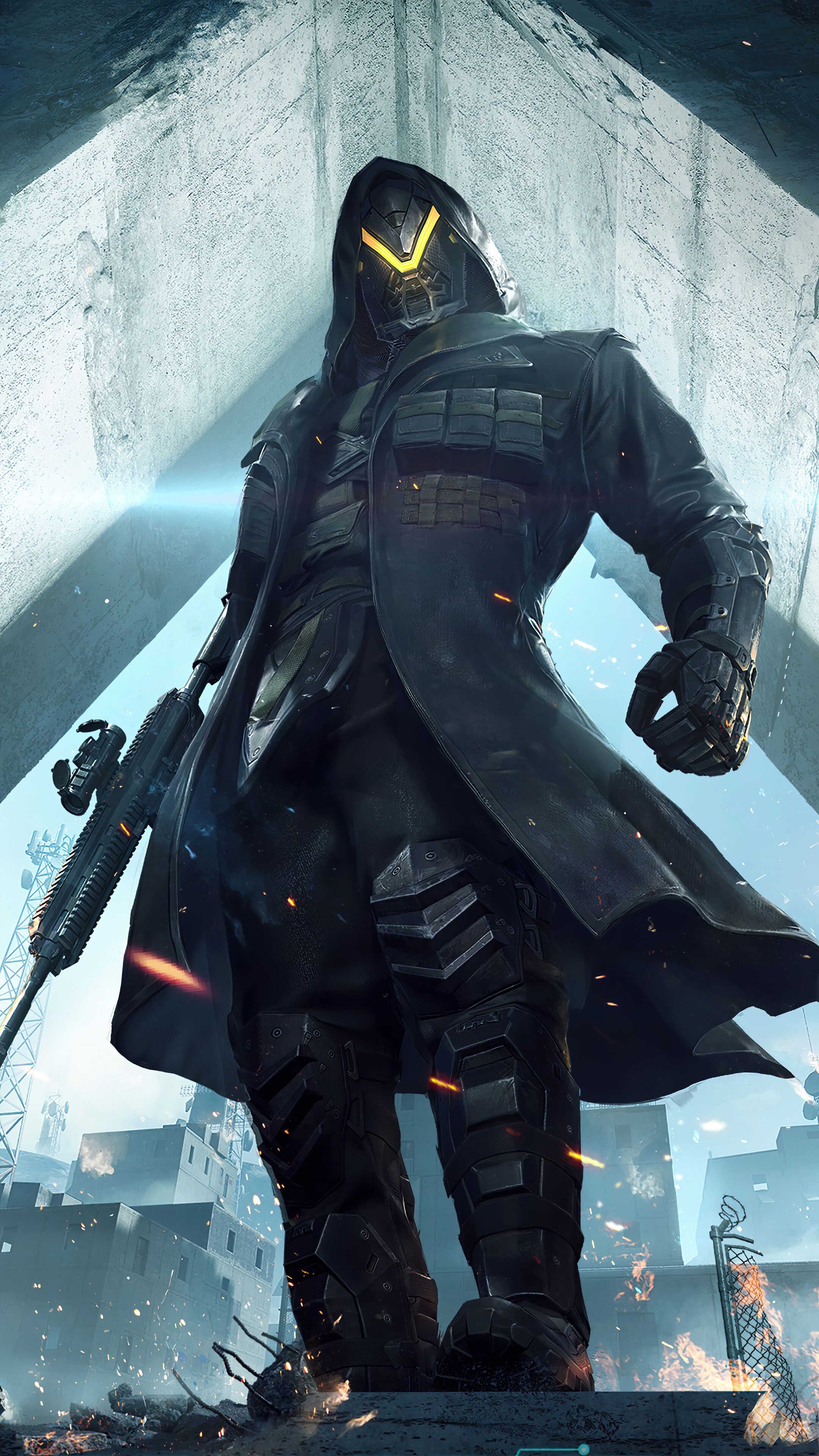 hooded cybernetic soldier, glowing yellow visor helmet, scoped tactical assault rifle, 4K Phone wallpaper