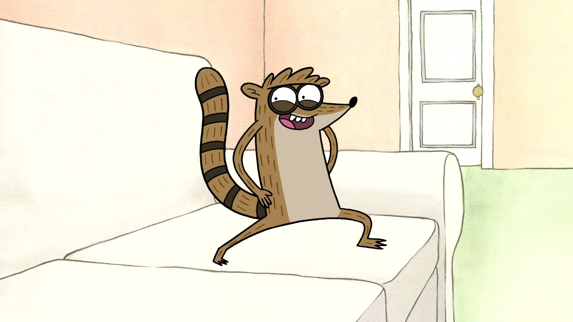 Rigby posing on couch, Peach living room wall, Regular Show, Full HD Desktop wallpaper