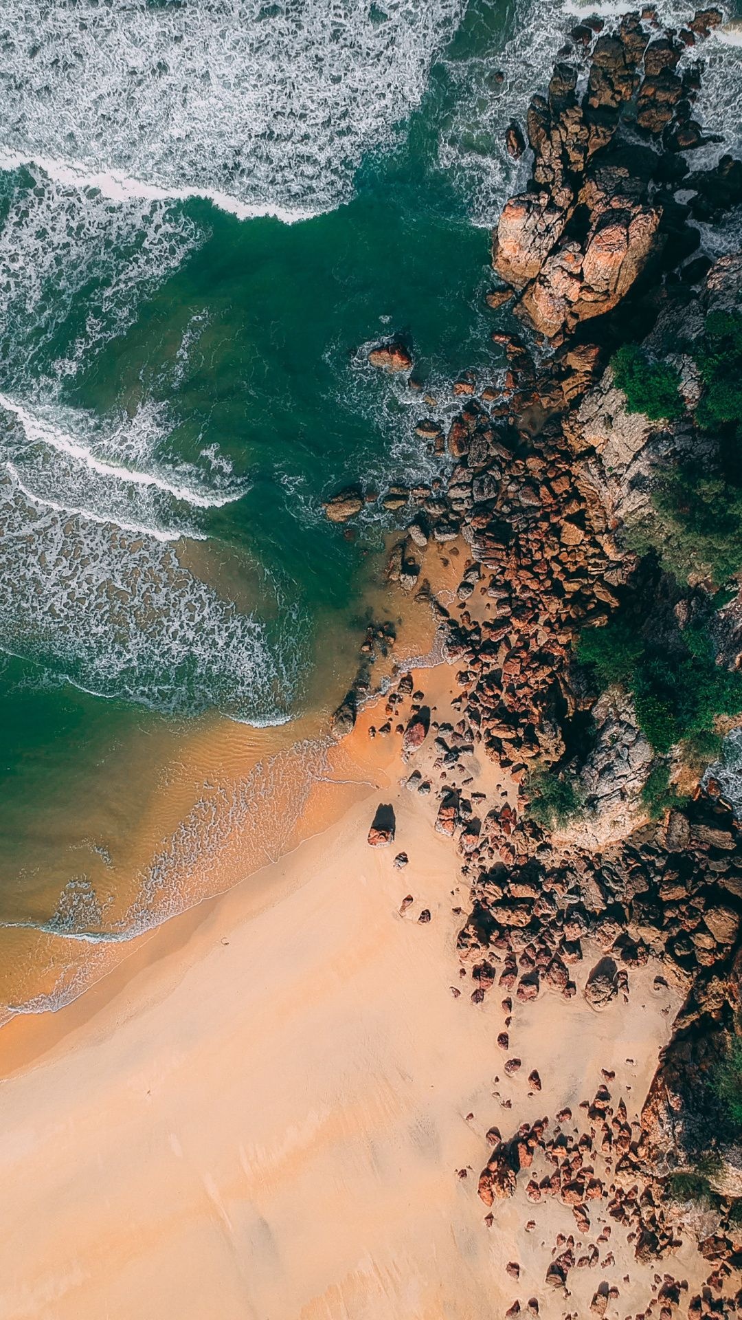 rocky coastal headland, turquoise ocean surf, golden sand beach, Full HD Phone wallpaper