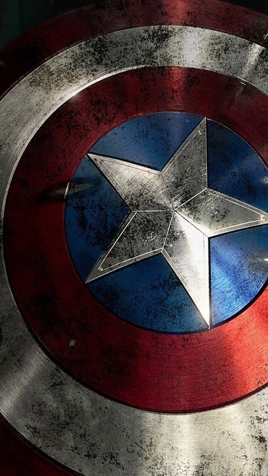Captain America's shield, vibranium star emblem, battle-damaged metallic texture, Full HD Phone wallpaper