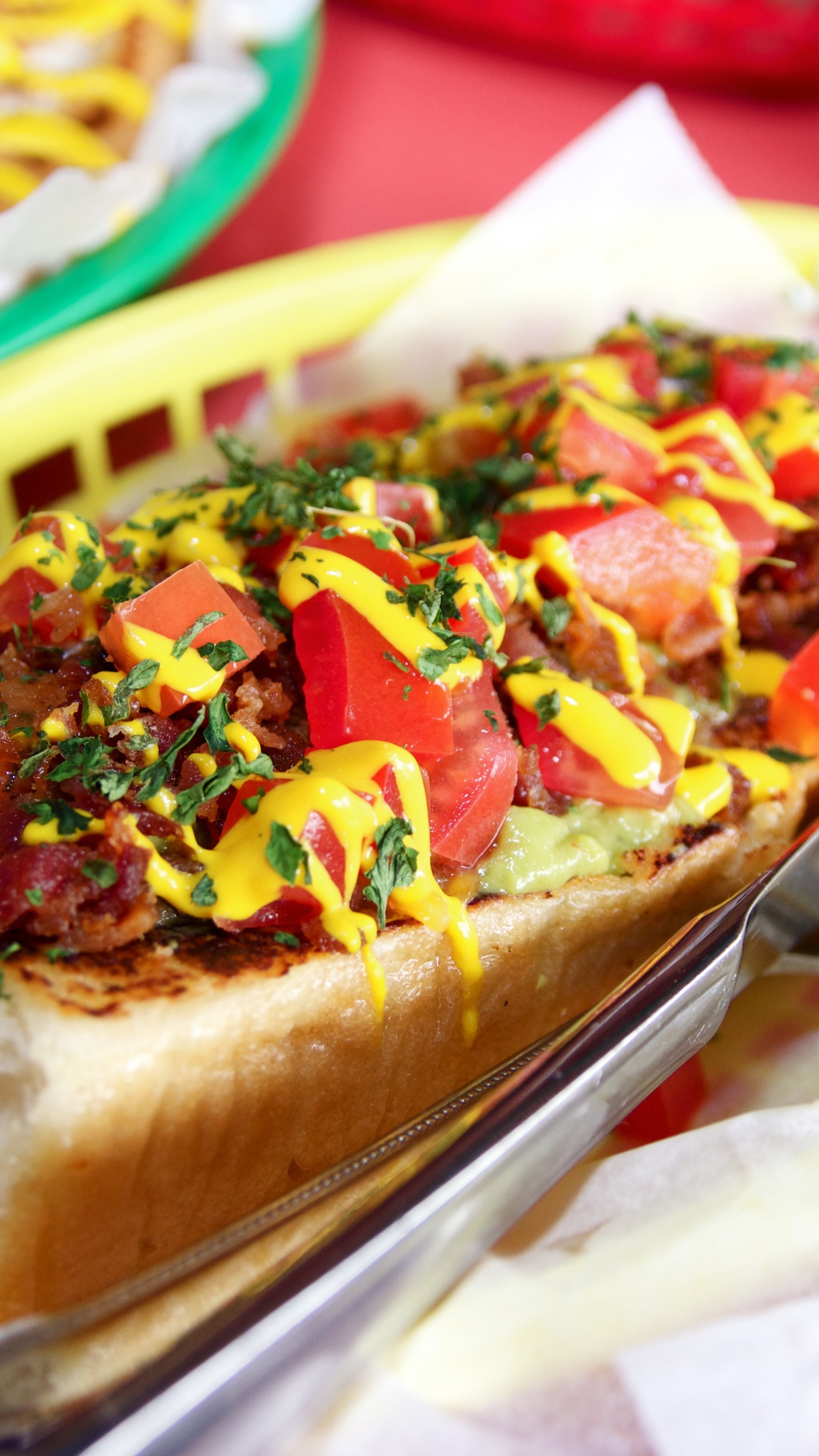 Hot dog with toppings, Ketchup and mustard, Fresh lettuce, Dressed for perfection, 2160x3840 4K Phone
