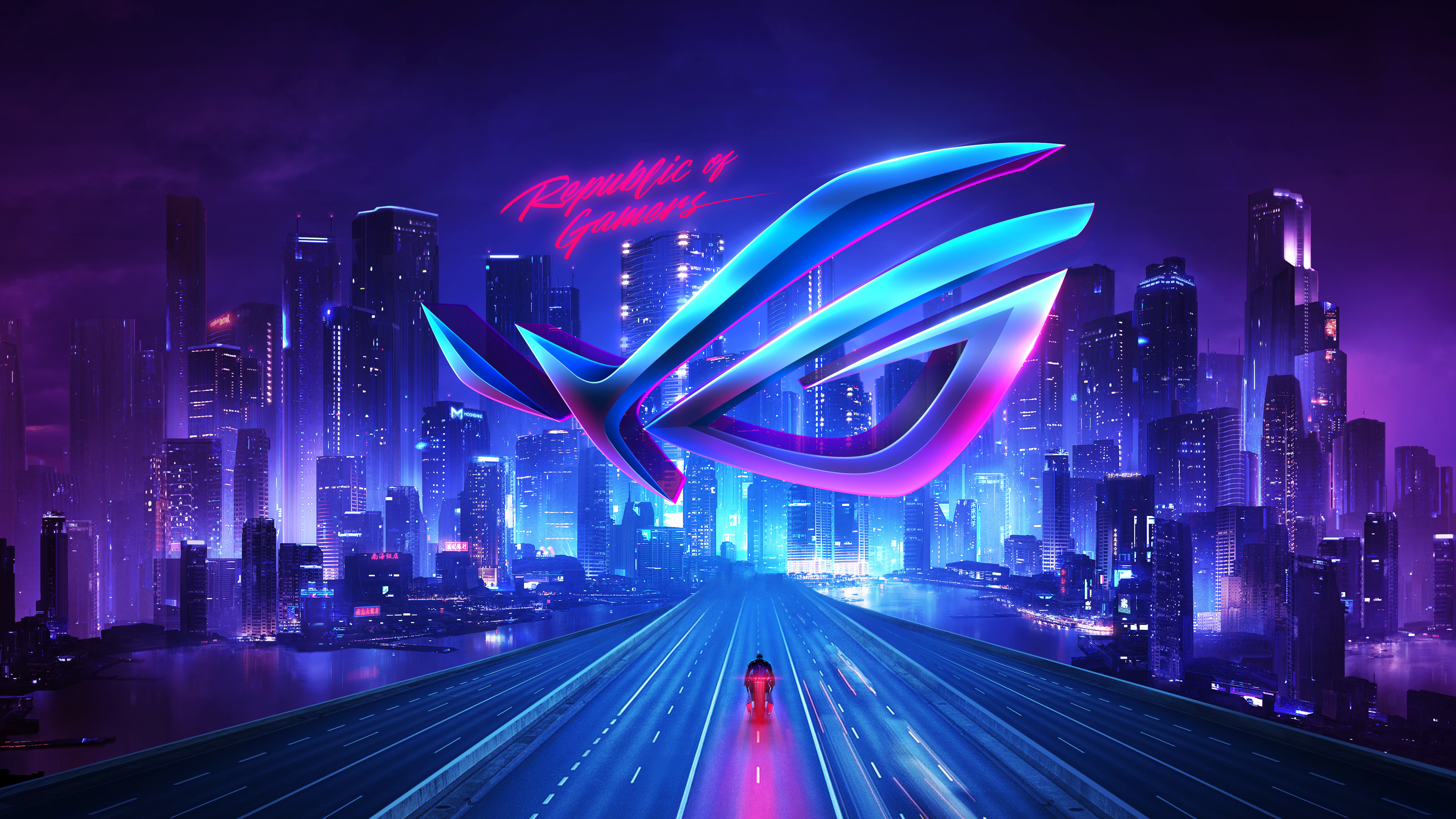 ASUS Republic of Gamers logo, Republic of Gamers neon script, Neon cyberpunk city skyline, Motorcyclist on empty highway, Purple and cyan neon glow, 4K Desktop wallpaper