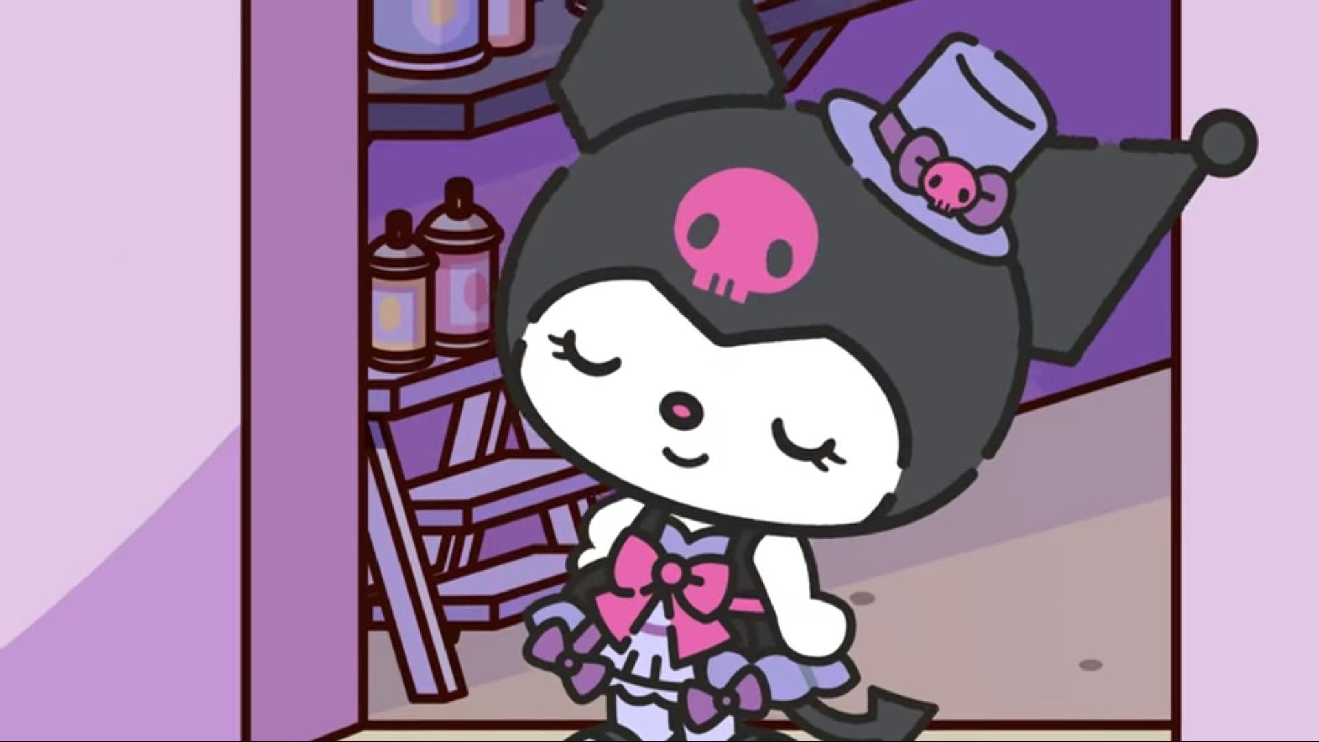 Kuromi, mini top hat, potion bottles on shelf, Full HD Desktop wallpaper