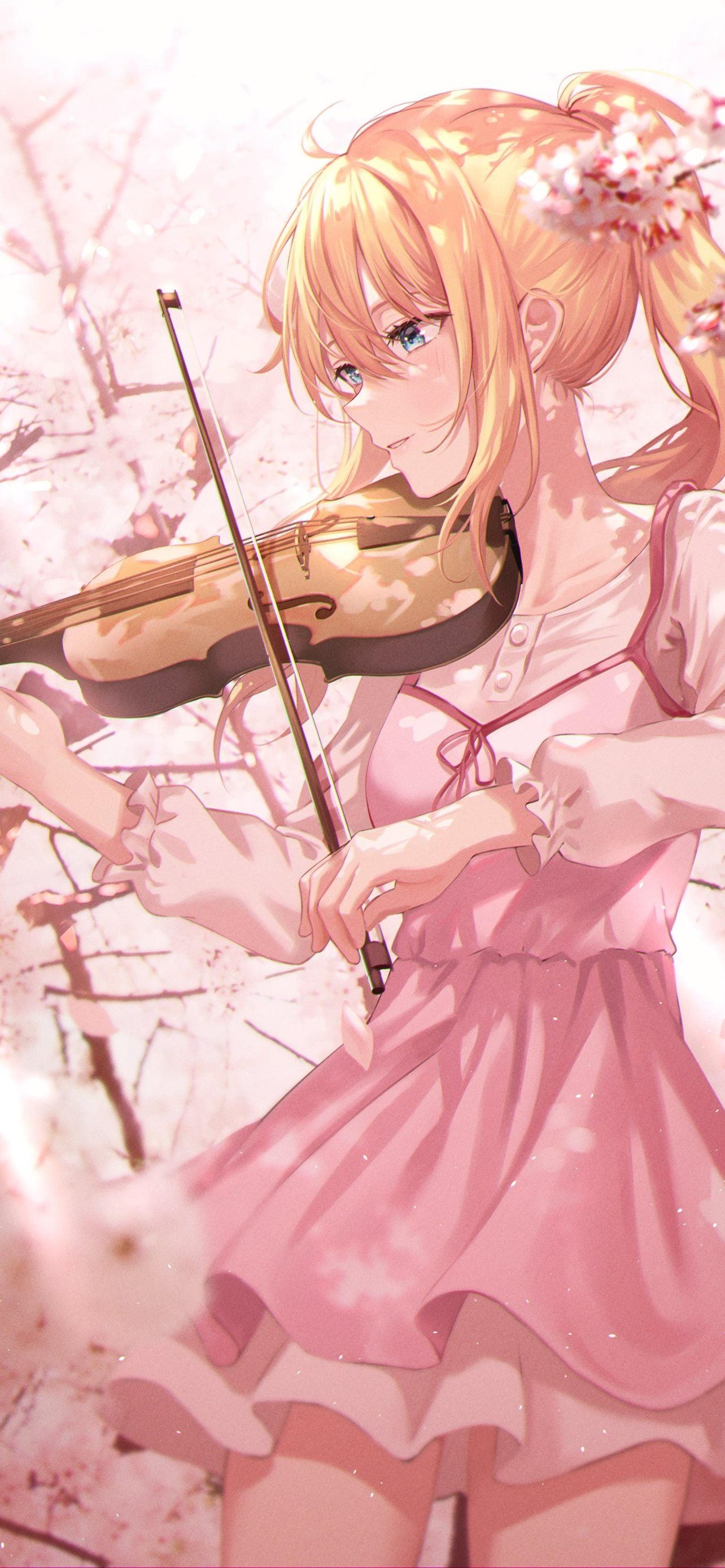 Kaori Miyazono, Acoustic violin and bow, Cherry blossom petals, HD Phone wallpaper