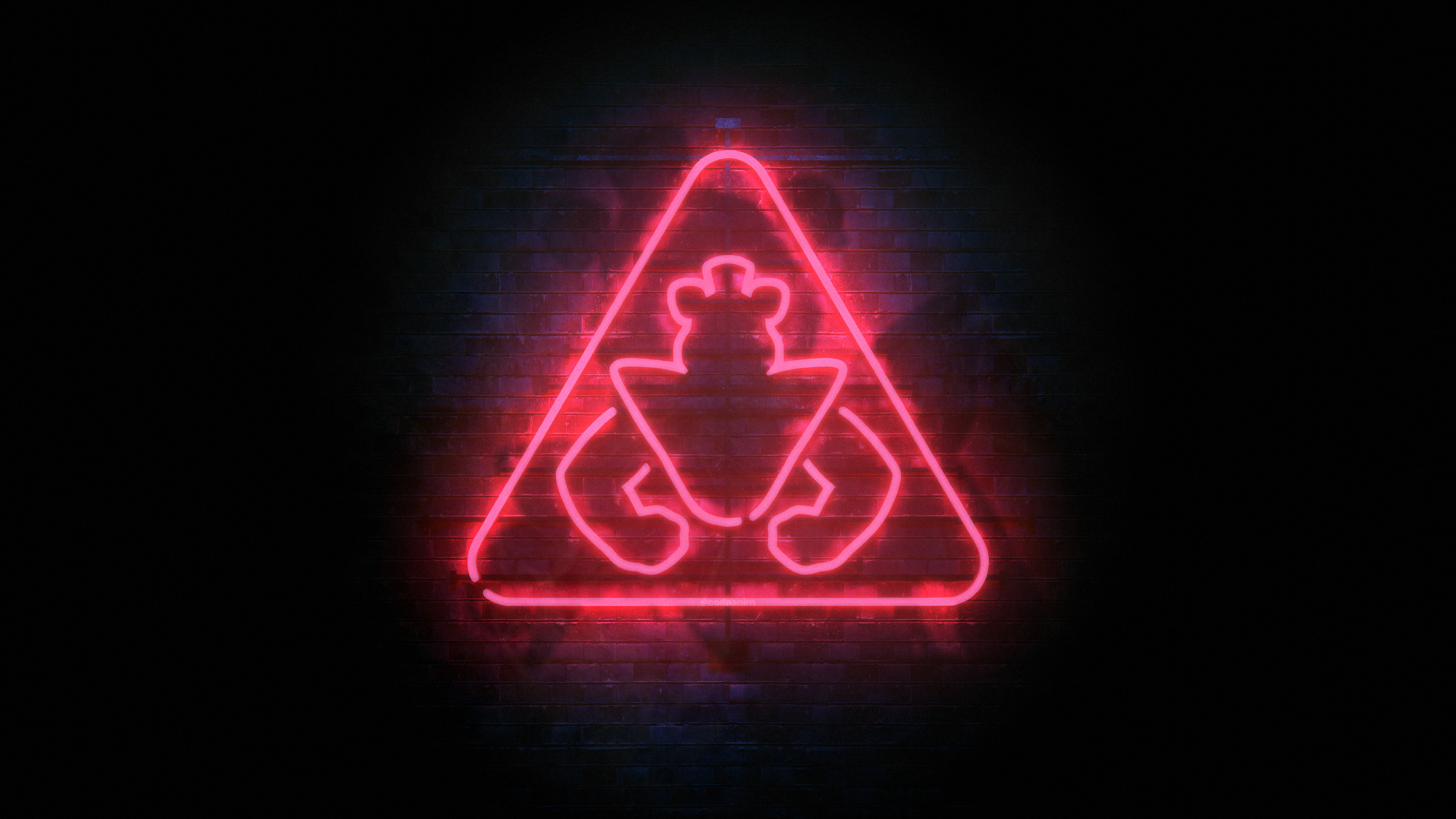 Glamrock Freddy neon hazard sign, Dark brick wall, Glowing red neon illumination, 4K Desktop wallpaper