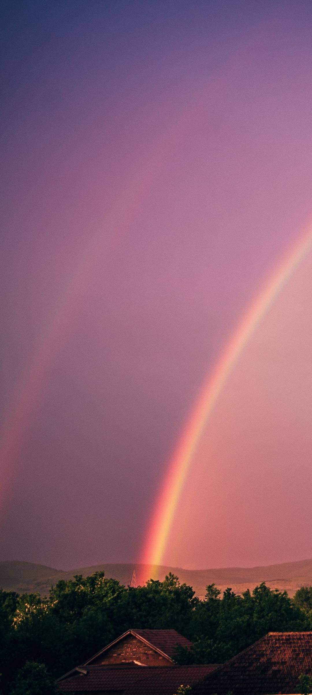 Double rainbow arc, Pink twilight sky, Tiled house rooftop, HD Phone wallpaper