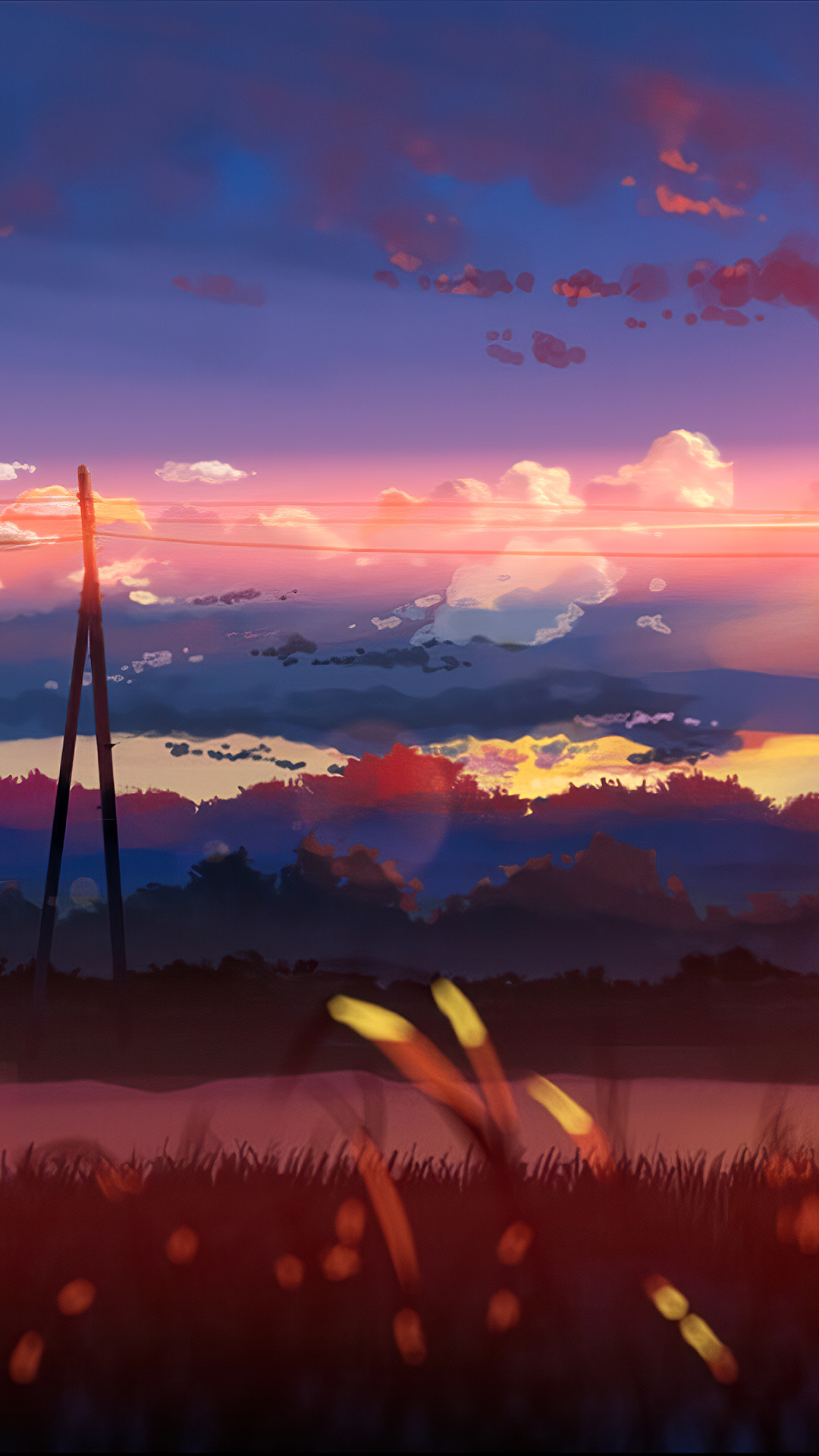 5 Centimeters per Second, Utility pole silhouette, Purple twilight sky, Full HD Phone wallpaper
