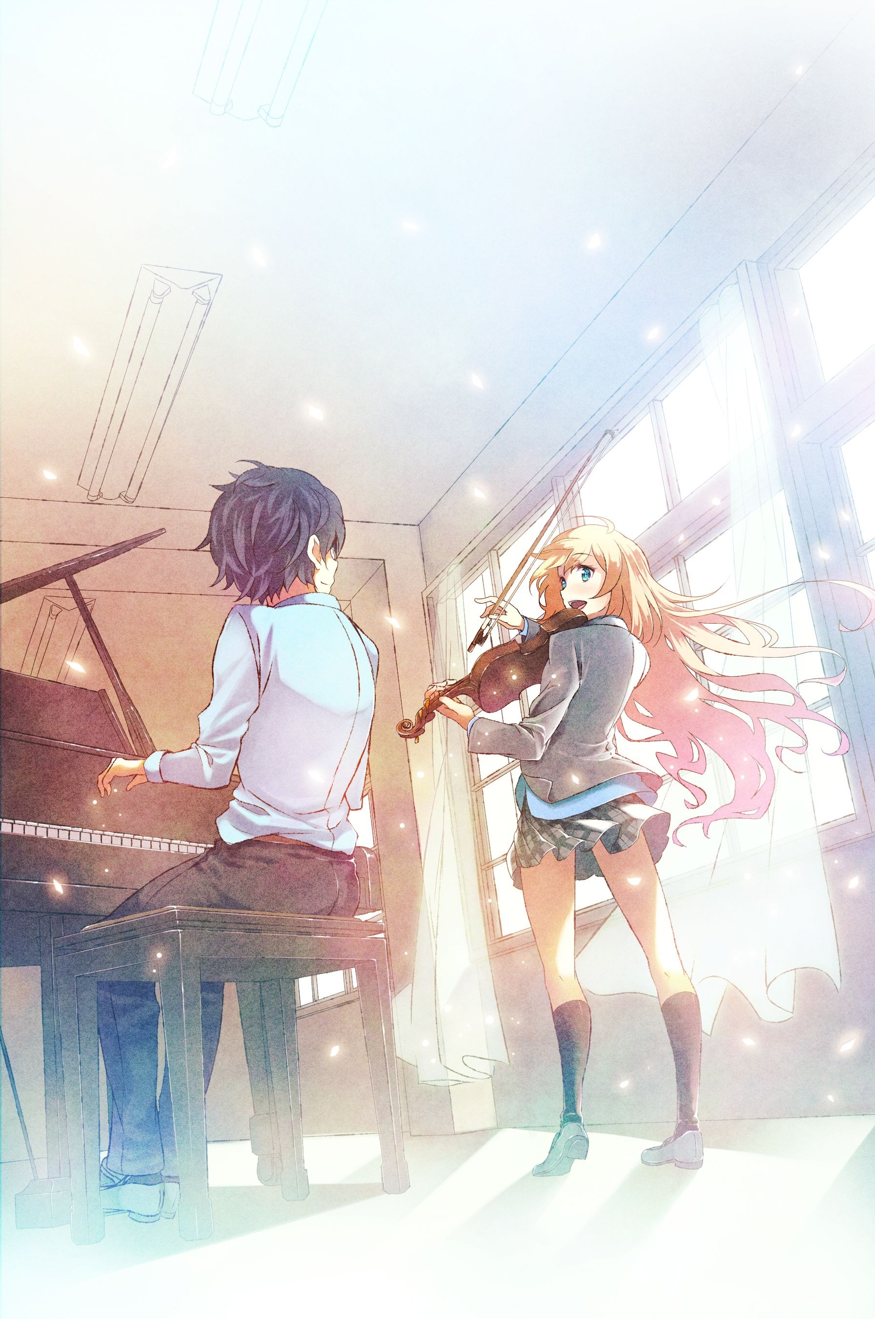 Kaori Miyazono playing violin, Kousei Arima at piano, Sunlit music room, HD Phone wallpaper