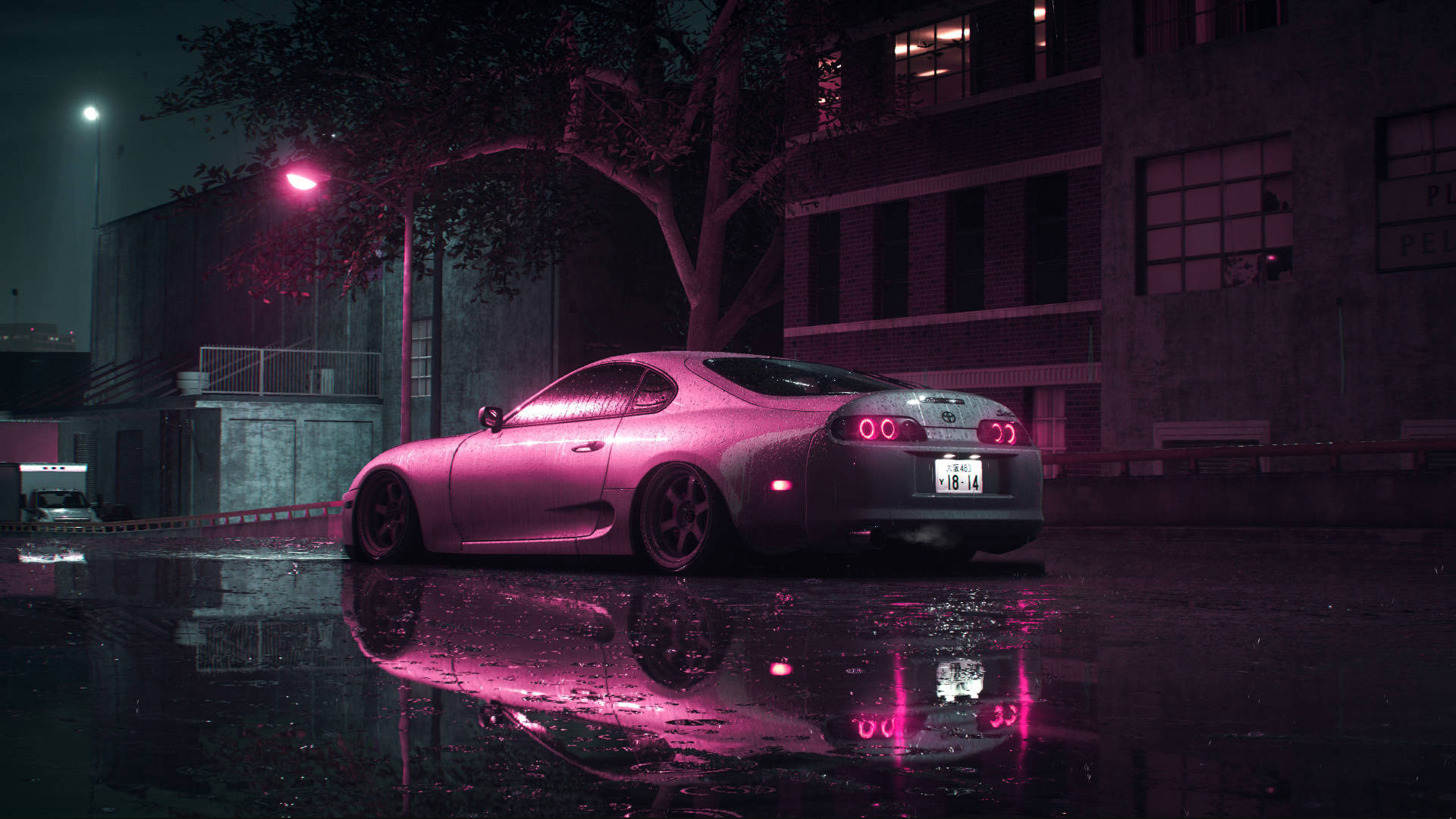 Toyota Supra MK4, wet street puddle reflection, pink neon street lamp, Full HD Desktop wallpaper