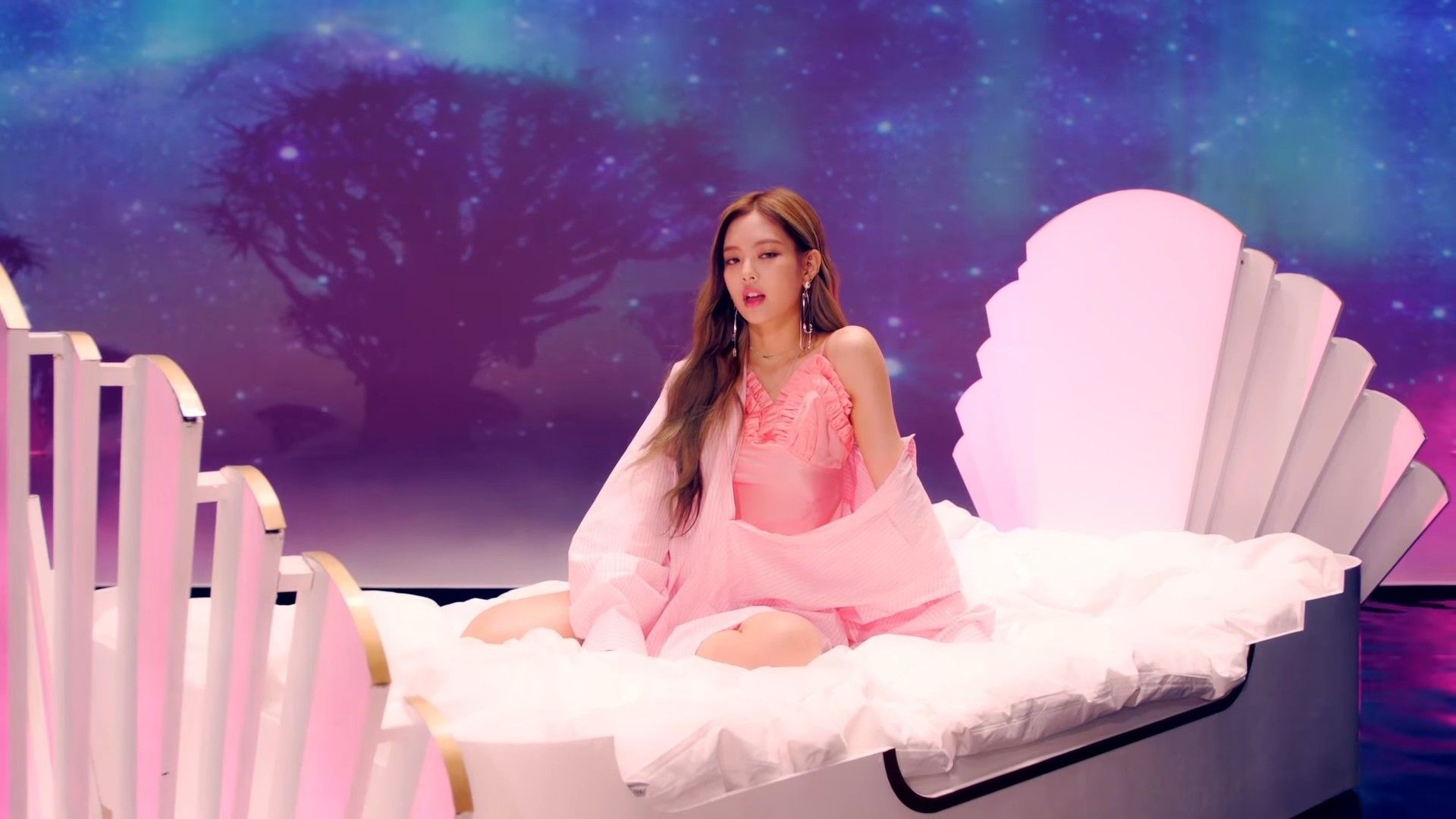 Jennie Kim, clam shell bed, starry purple sky, Full HD Desktop wallpaper