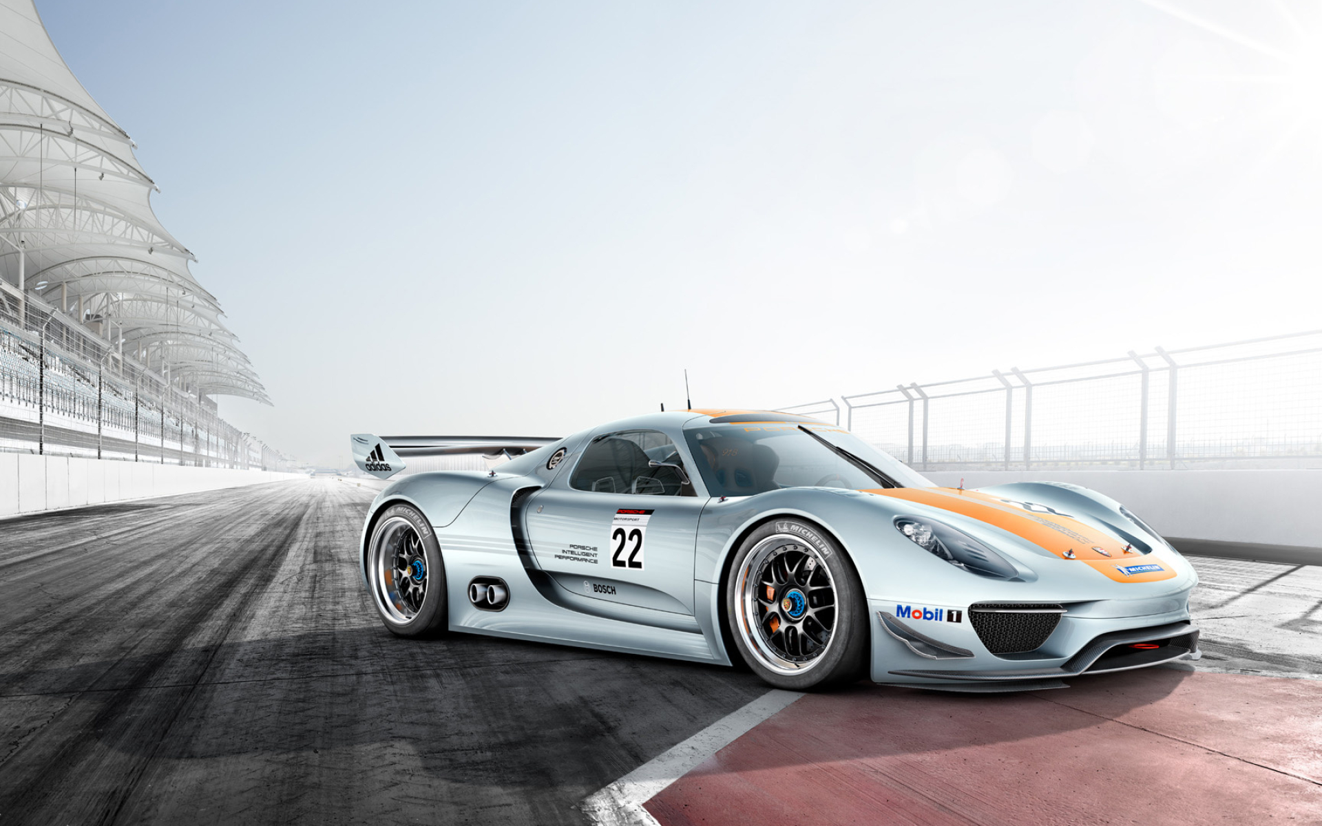 Porsche 918 RSR Concept, Racetrack grandstand canopy, Silver and orange livery, HD Desktop wallpaper