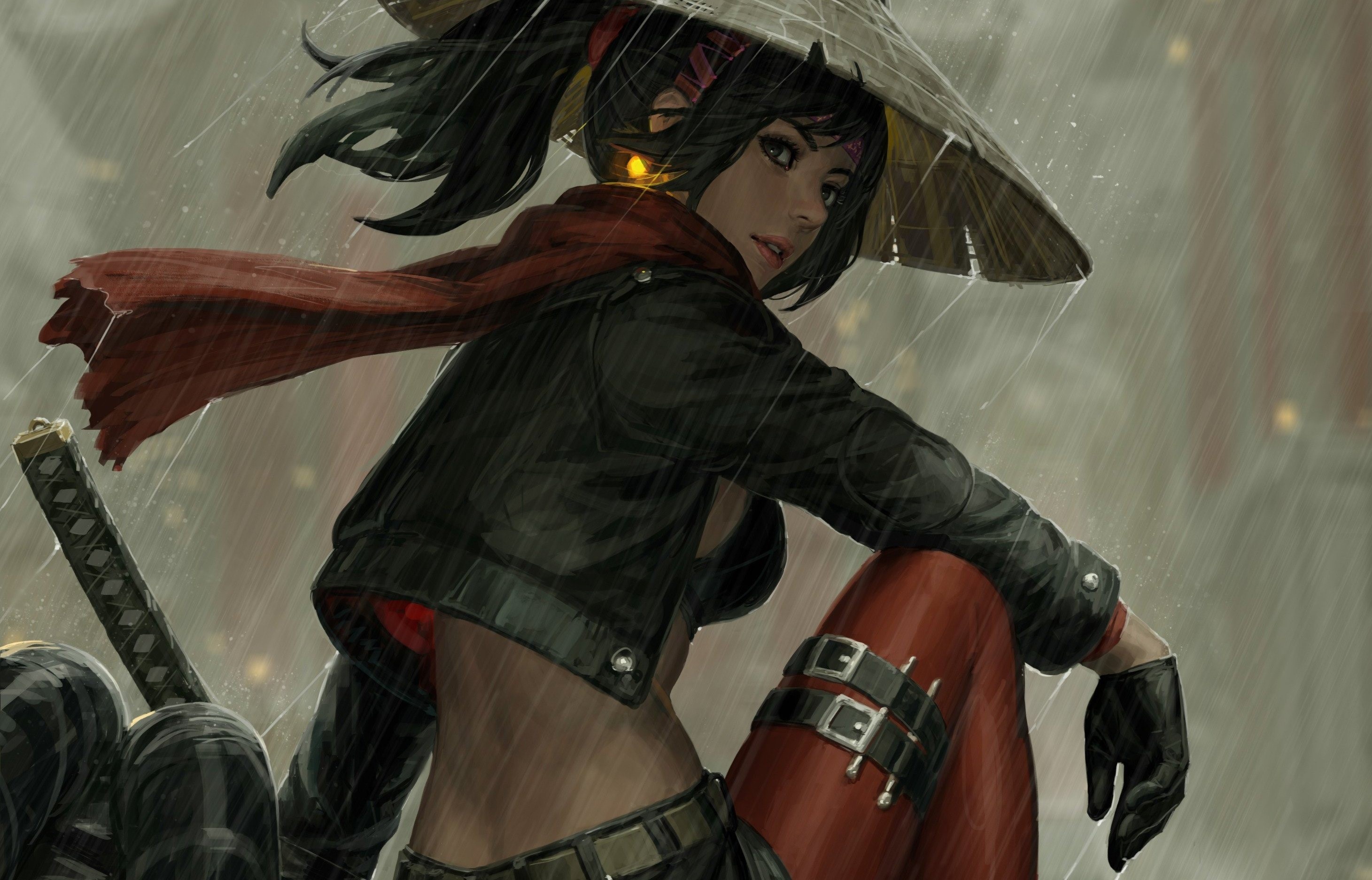 Samurai girl warrior, Conical straw hat, Katana sword hilt, HD Desktop wallpaper