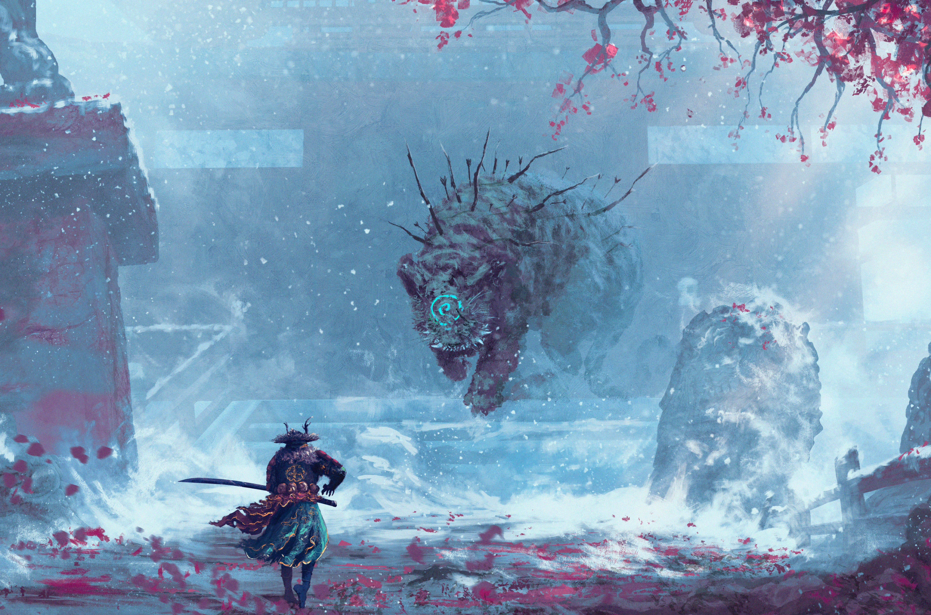 giant yokai bear, samurai wielding katana, snowy cherry blossom courtyard, HD Desktop wallpaper