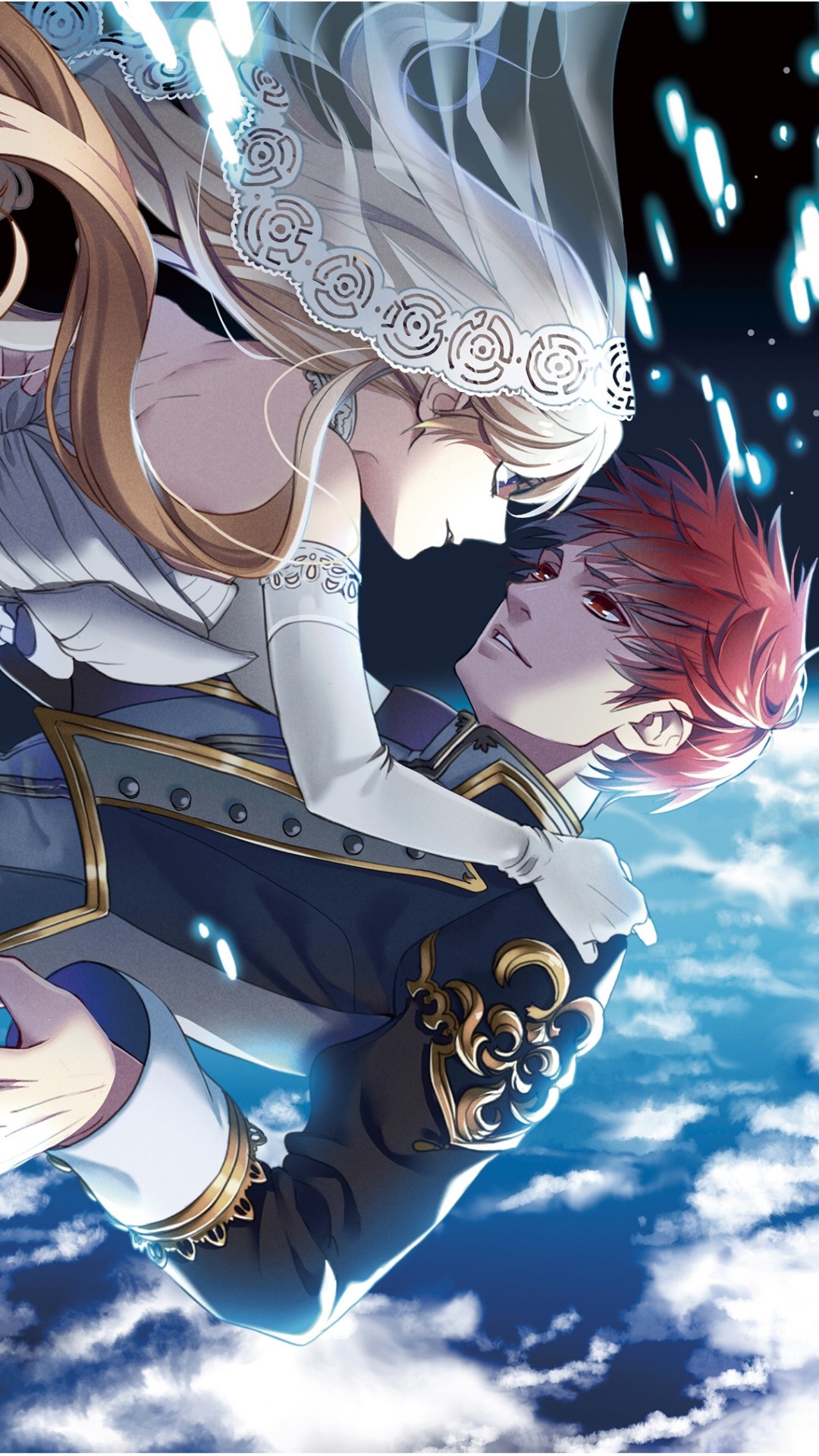 blonde bride in veil, red-haired uniformed groom, floating above clouds, Full HD Phone wallpaper