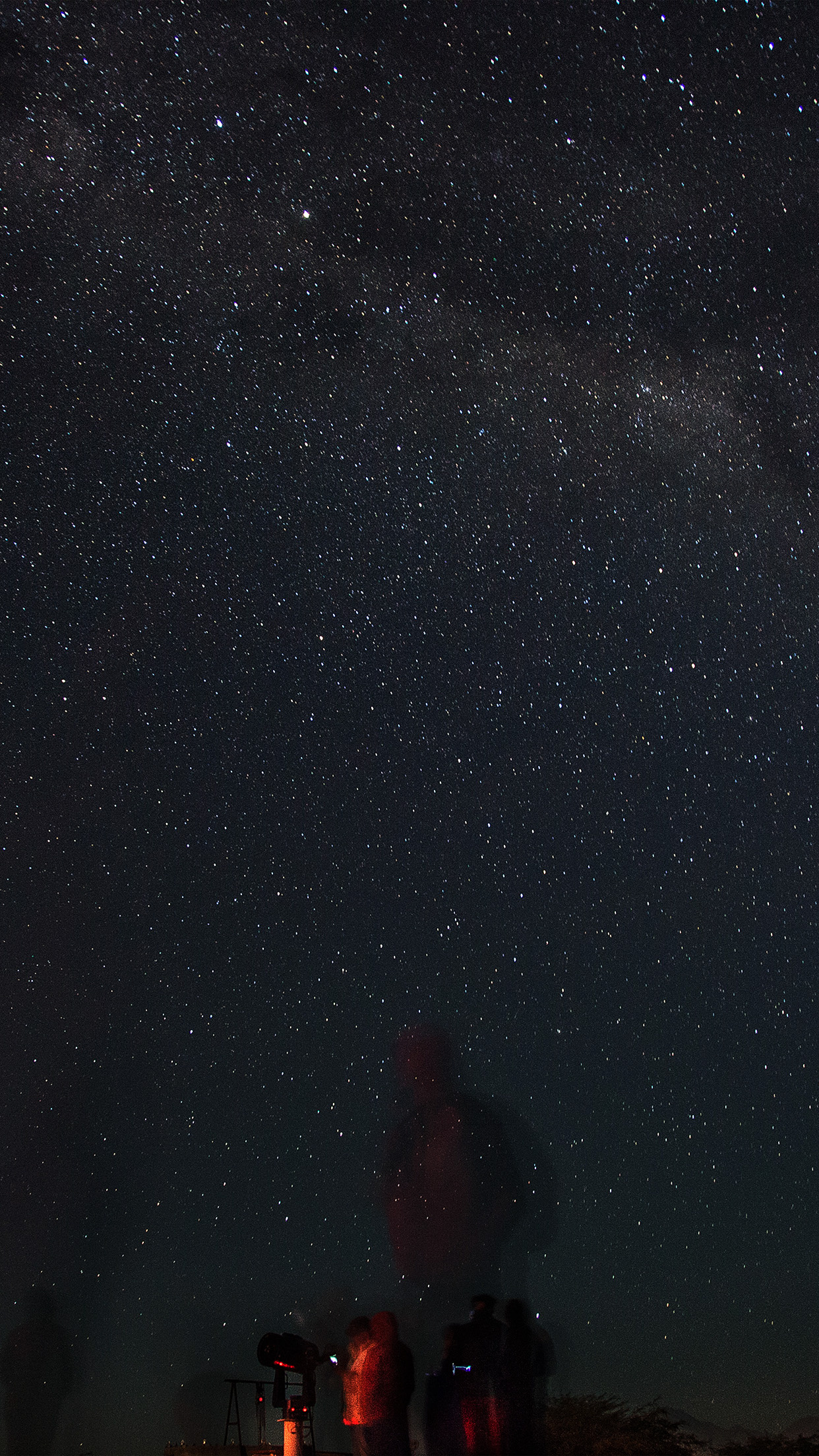 Astronomical telescope on tripod, Stargazers in red light, Dense starry night sky, HD Phone wallpaper