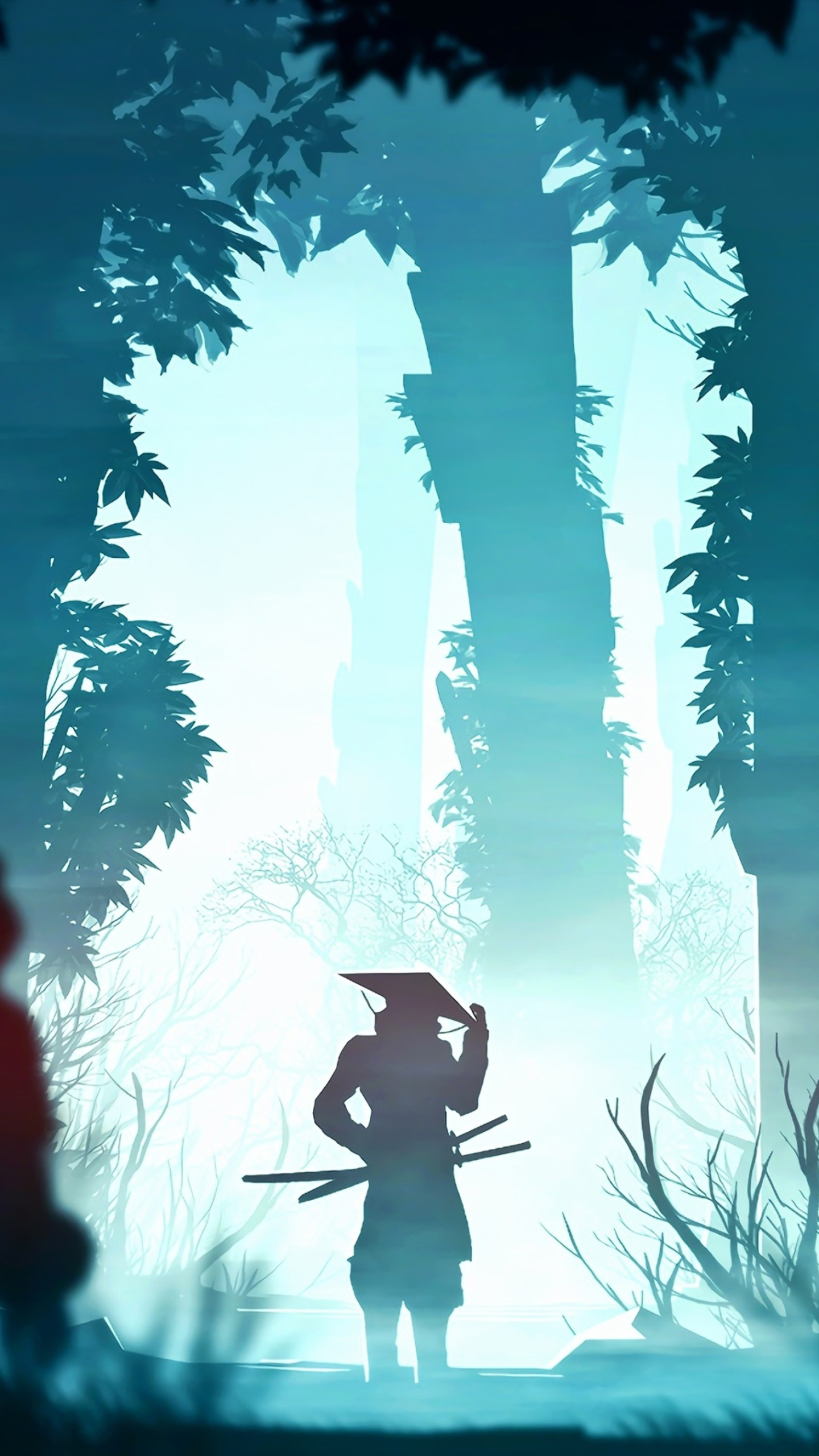 samurai silhouette with jingasa, misty towering forest silhouette, cyan monochrome landscape, HD Phone wallpaper