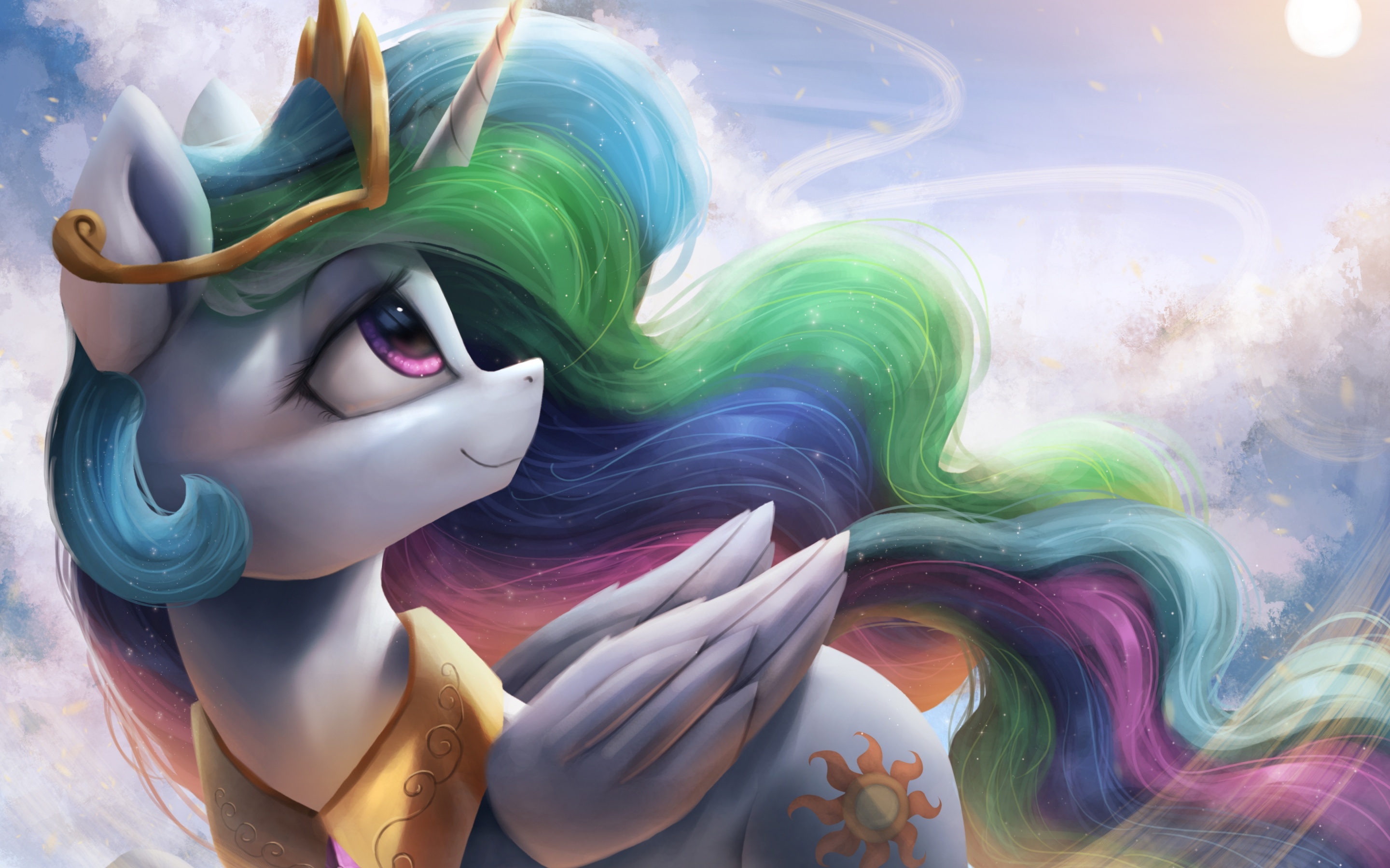 Princess Celestia, Flowing rainbow mane, Golden sun cutie mark, HD Desktop wallpaper
