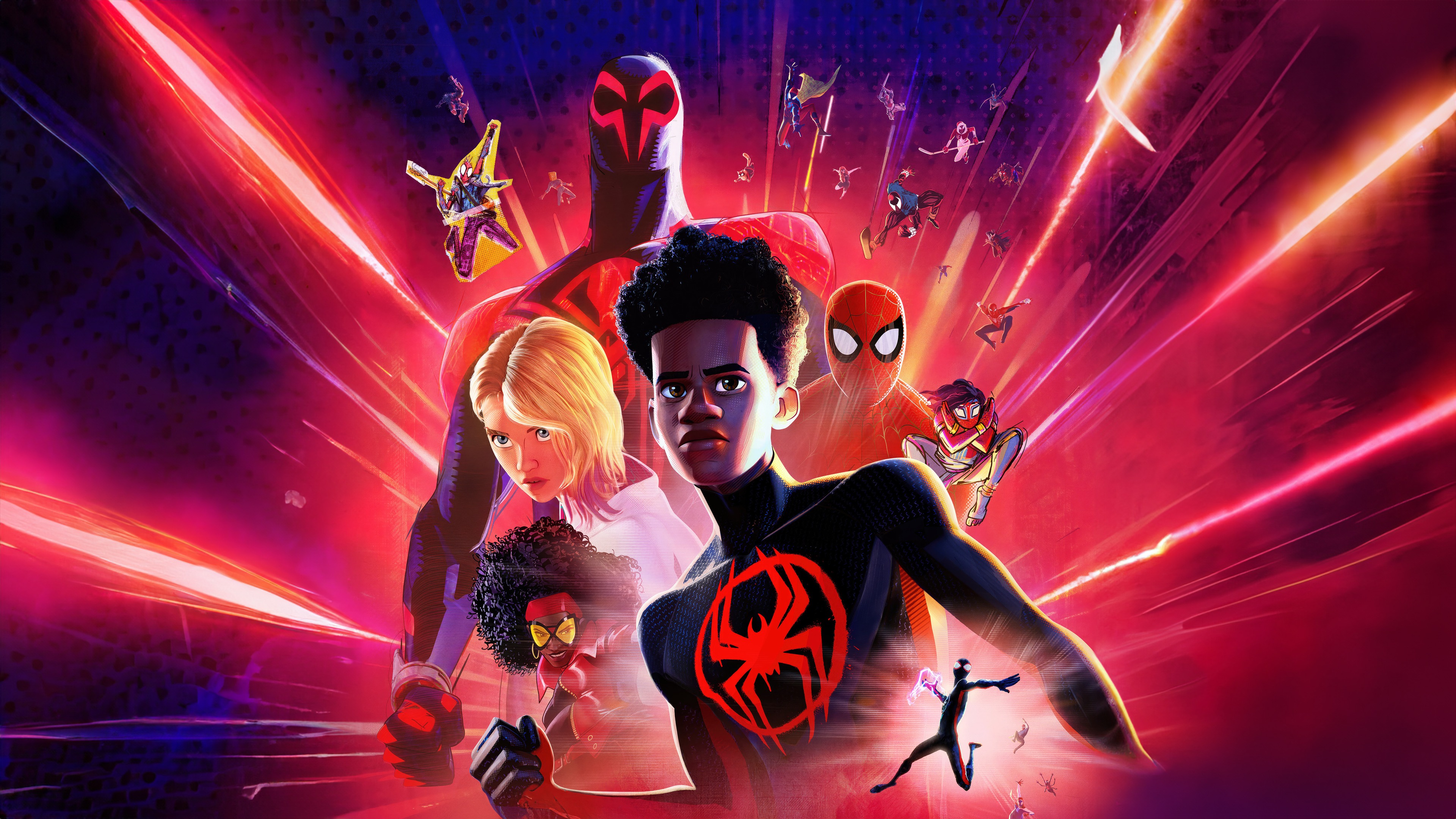 Across the Spider-Verse, Spider-Man 2099 (Miguel O'Hara), Miles Morales, Spider-Gwen (Gwen Stacy), Running costumed figures, Red painted chest emblem, Radiant magenta backdrop, Comic halftone texture, 4K Desktop wallpaper