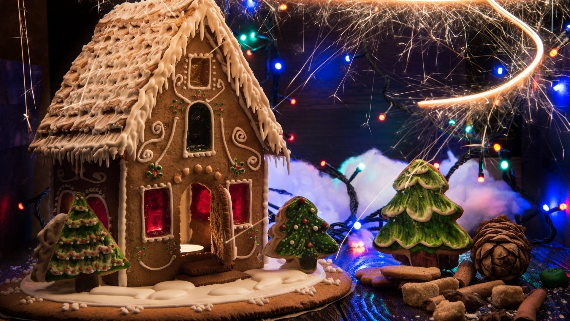 Christmas trees, Gingerbread House Wallpaper, 1920x1080 Full HD Desktop