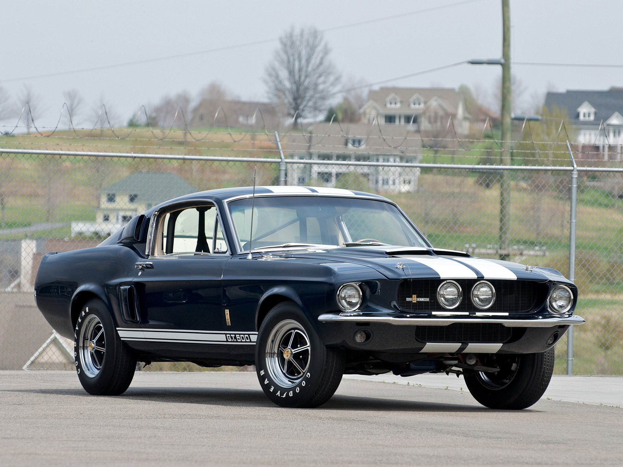 1967 Shelby GT500, White Le Mans racing stripes, Chain-link barbed wire fence, HD Desktop wallpaper