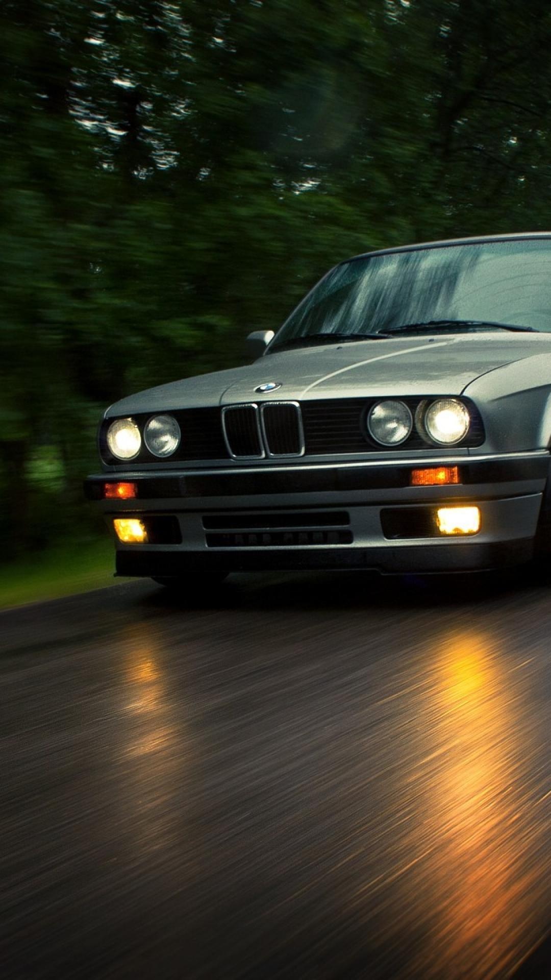 silver BMW E30, illuminated quad headlights, wet road motion blur, Full HD Phone wallpaper