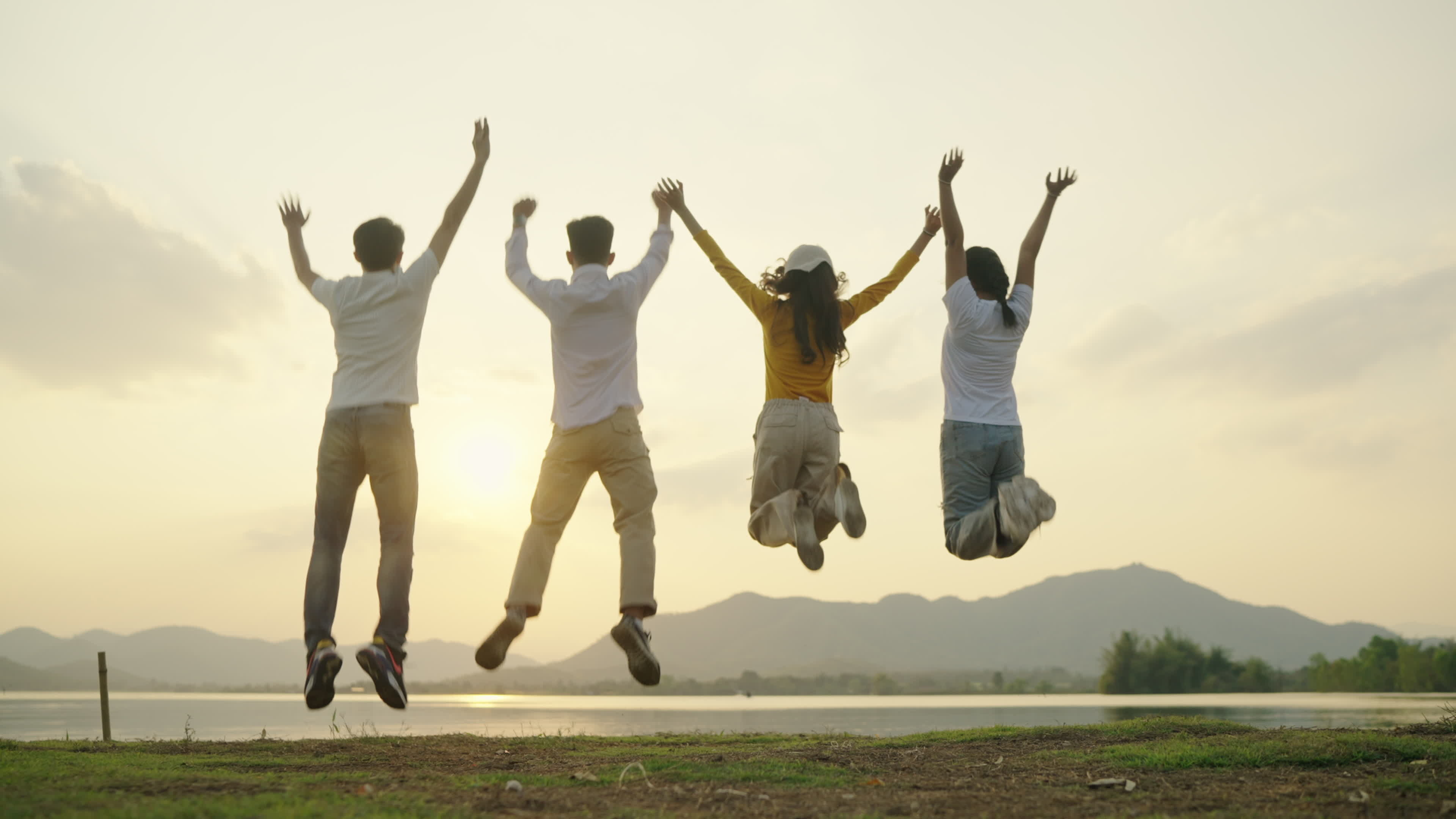 Happy teenagers, Group celebration, Sunset mountain, Joyful jump, 3840x2160 4K Desktop