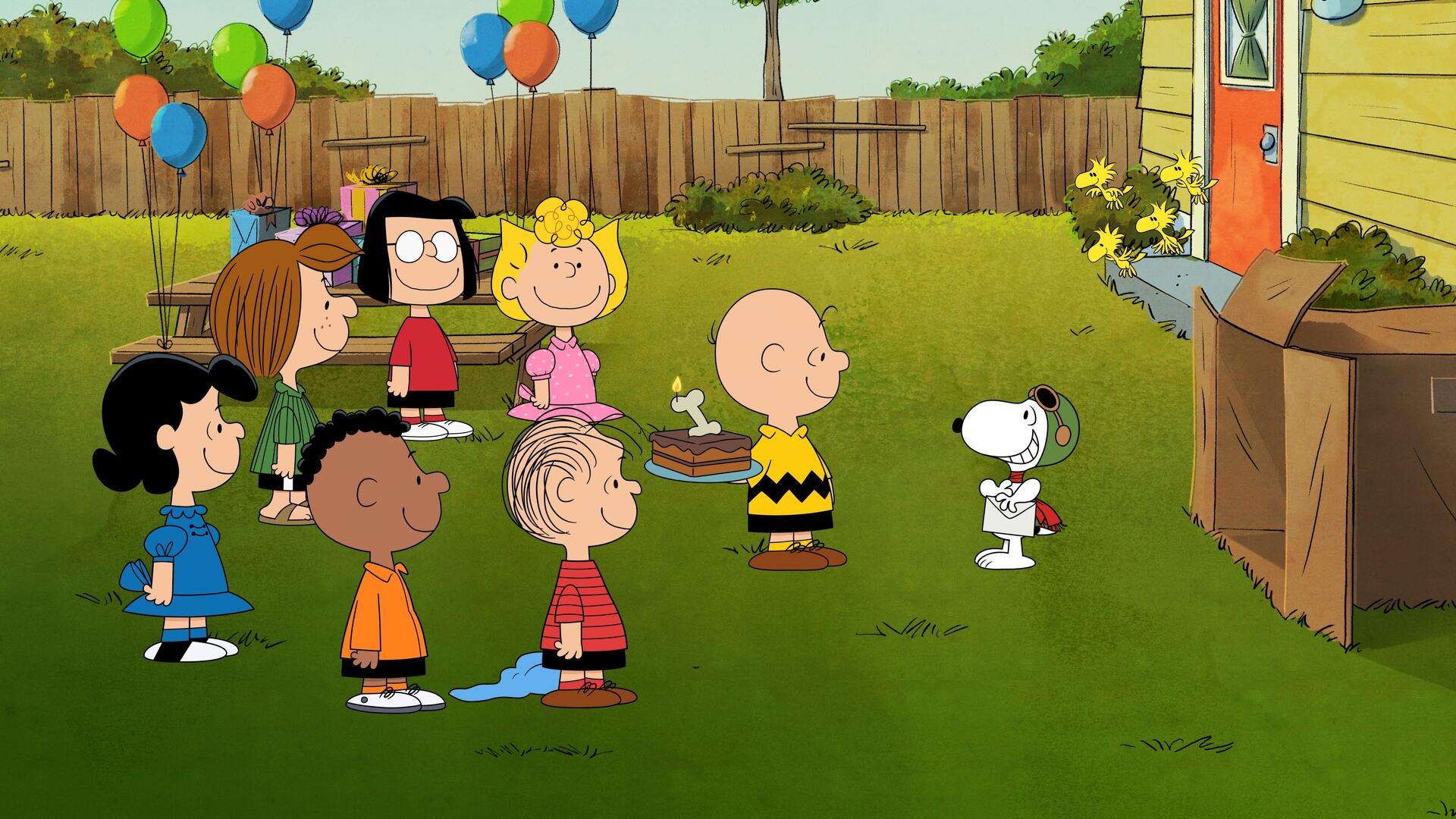 Snoopy as Flying Ace, Charlie Brown, Peanuts gang, bone candle birthday cake, Full HD Desktop wallpaper