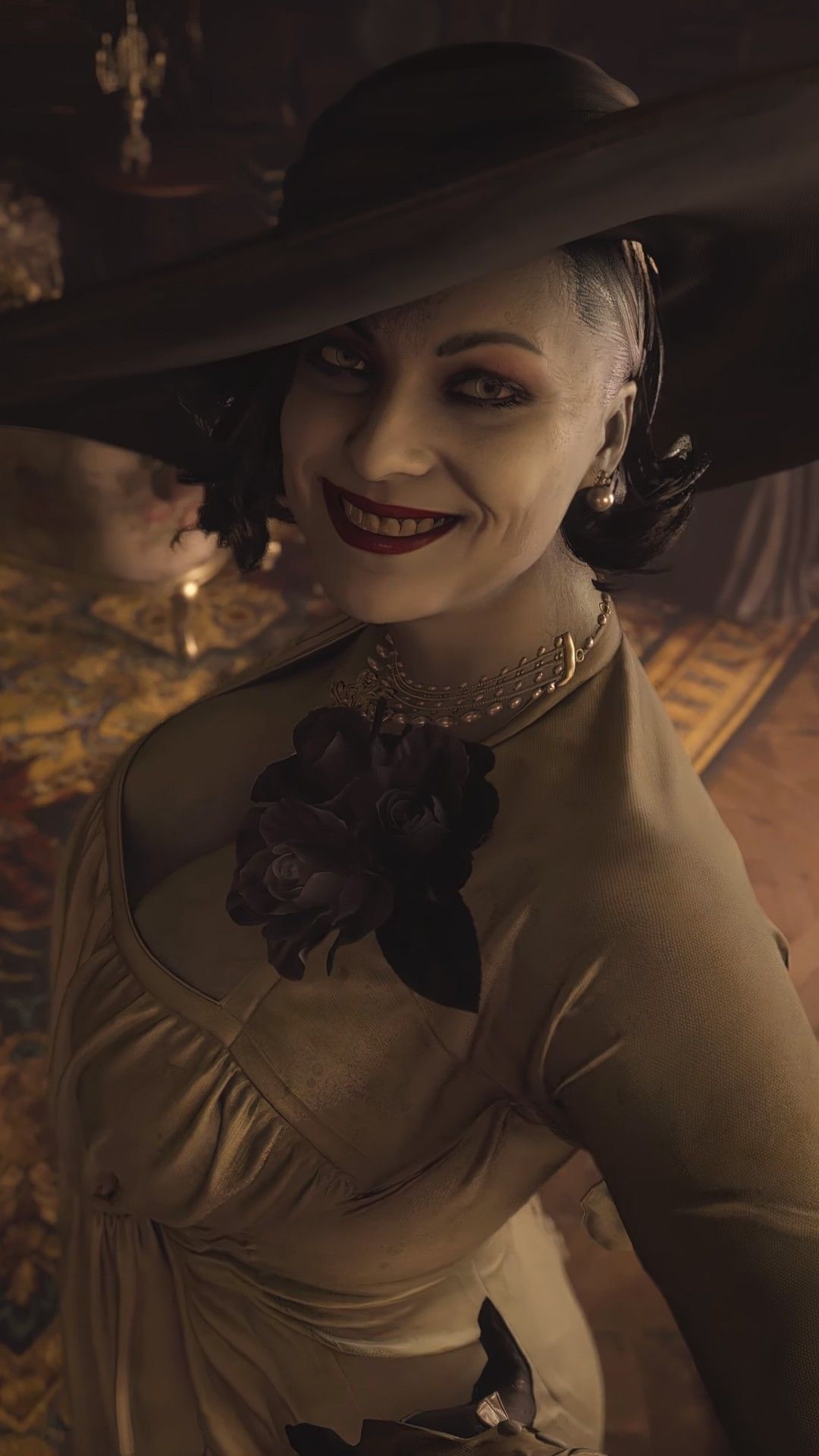 Lady Alcina Dimitrescu, Resident Evil Village, wide-brimmed black hat, Full HD Phone wallpaper