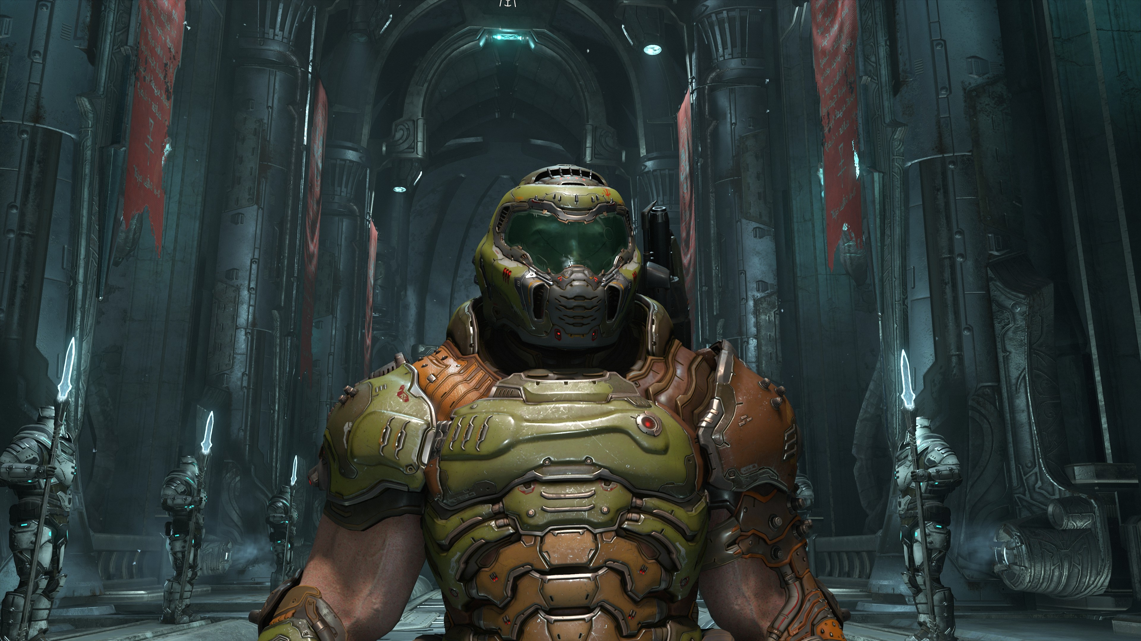 Doom Slayer Praetor Suit, Night Sentinel guards, Fortress of Doom hall, 4K Desktop wallpaper