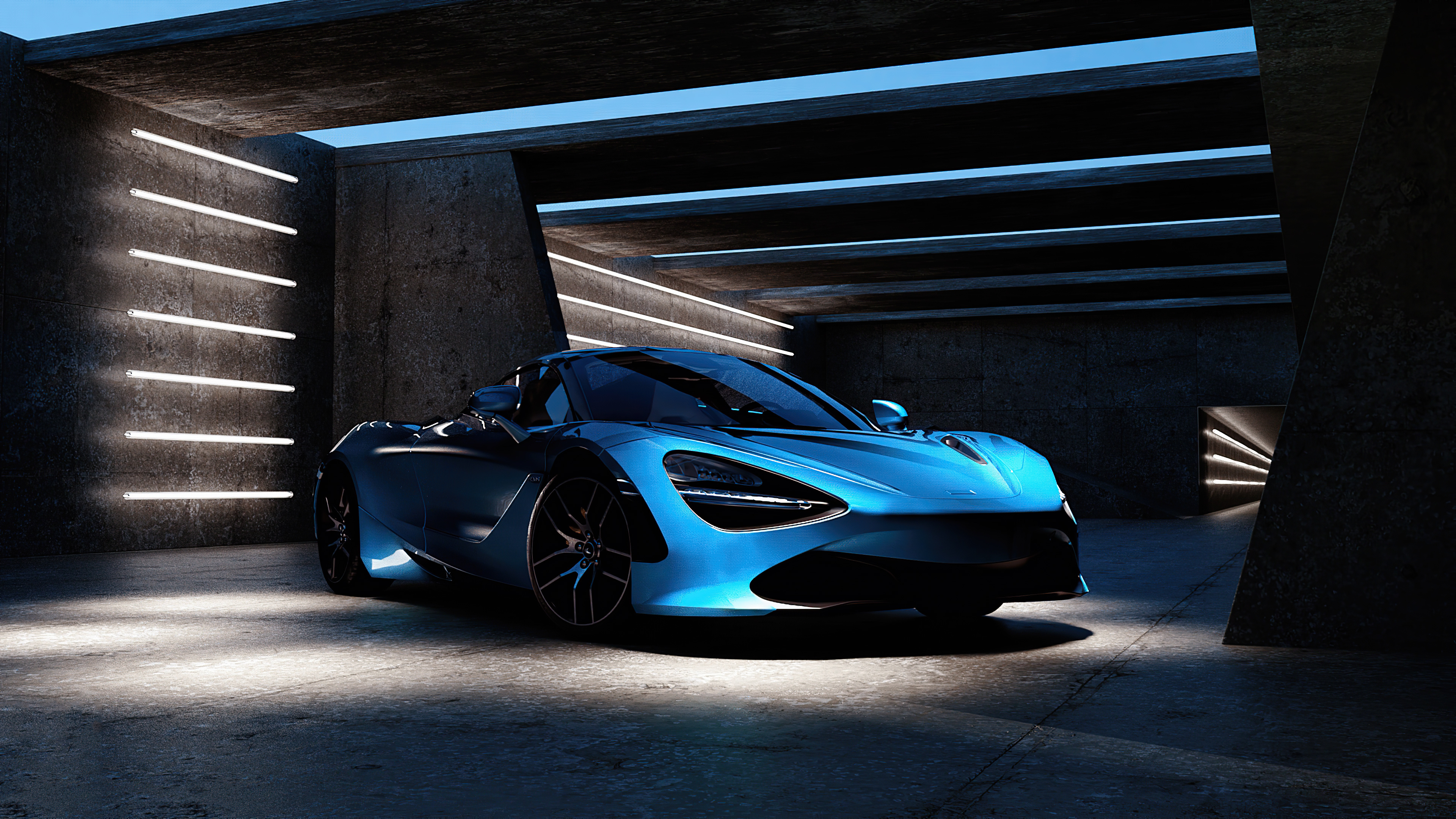 McLaren 720S Spider, modern concrete garage, horizontal LED wall lights, 4K Desktop wallpaper